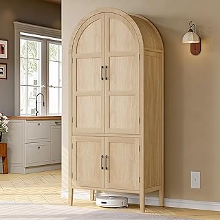 ONBRILL 71" Tall Wooden Arched Cabinet, 5-Tier Arched Kitchen Pantry Cabinet with Doors & Shelves, Farmhouse Kitchen Arch Cabinets with Adjustable Feet, Wooden Pantry Storage for Dining Room(Oak)