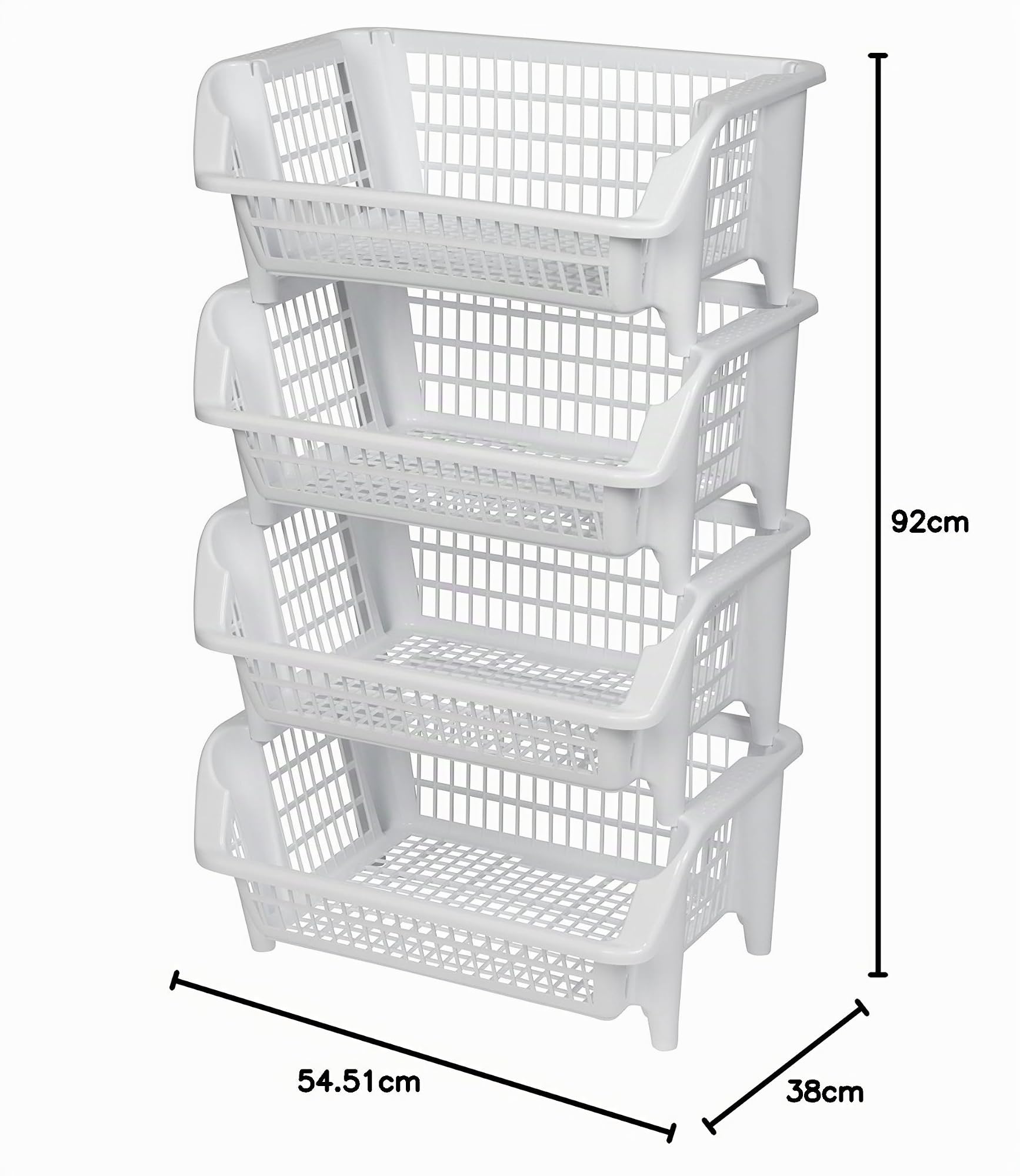 Scaffale composto da quattro cesti impilabili in plastica, colore bianco Impilabile e annidabile. Ampliabile a piacere. Dimensioni: 54,5 x 38 x 92 cm (LxPxH).