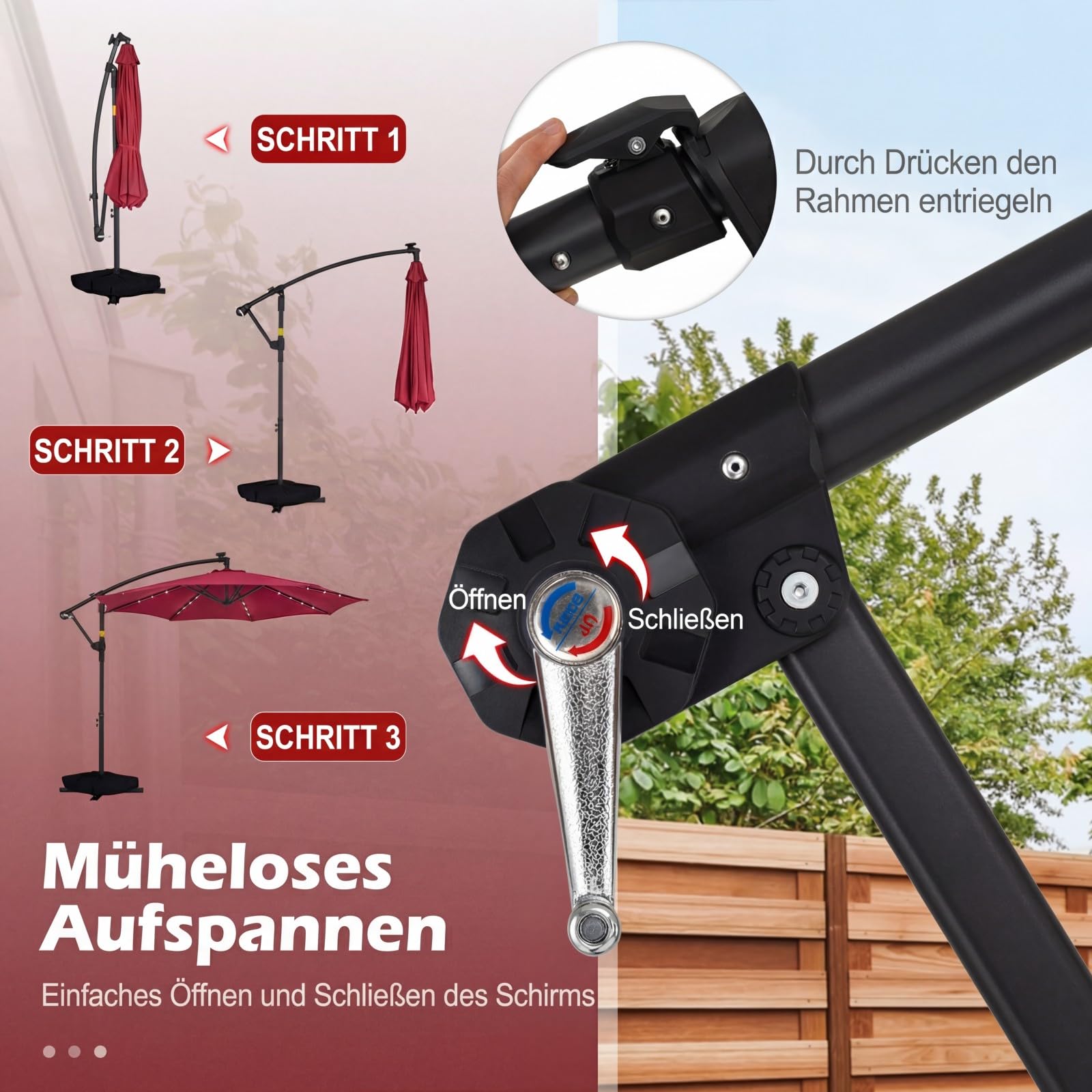 COSTWAY Sonnenschirm mit Ständer und LED-Leuchten, 300 cm Ampelschirm mit Kurbel, Gartenschirm, 360° drehbar, Marktschirm, Terrassenschirm für Garten, Terrasse, Pool (Weinrot)
