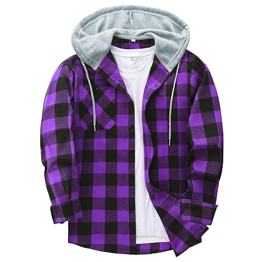 ZITY Men's Flannel Hoodie Shirts Casual Button Down Plaid Shirt Jackets for Men Long Sleeve Stylish Hooded with Pocket
