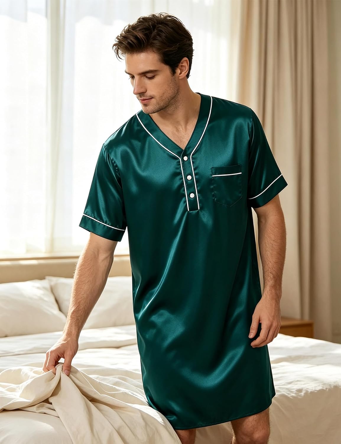 SWOMOG Mens Silk Satin Nightshirt Short Sleeve Loose Henley Sleep Shirt Comfy Nightgown Big & Tall Men Sleepwear