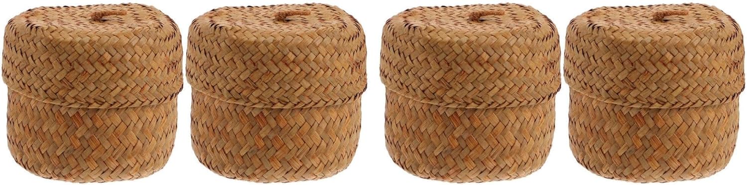 Ciieeo 2Pcs Seagrass Mini Basket with Lid Round Seagrass Storage Basket Handmade Woven Flower Mini Packing Box for Home Shelf Decor Wood Color (Pack of 2)