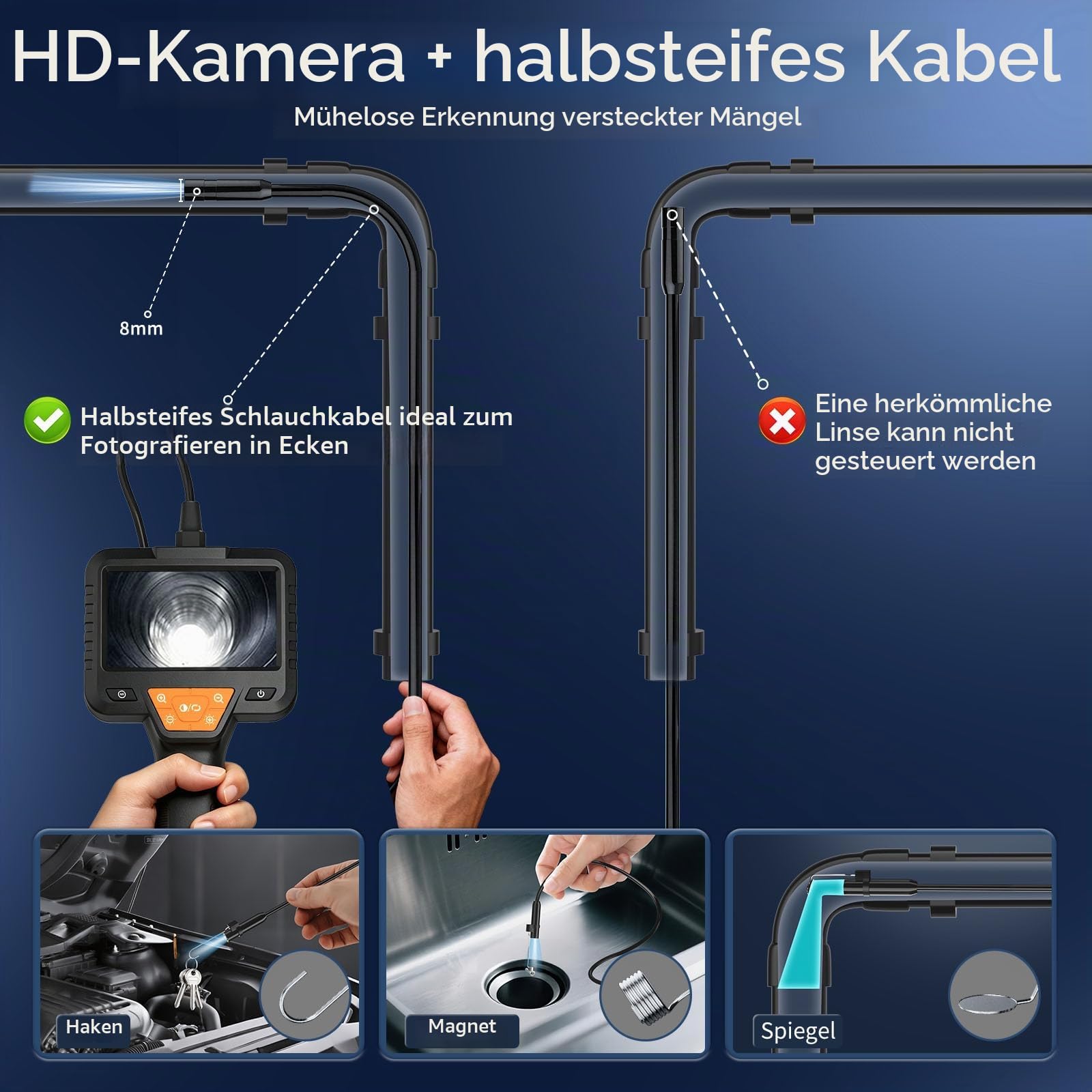 15M Endoskopkamera mit Licht, IP67 wasserdichte Inspektionskamera