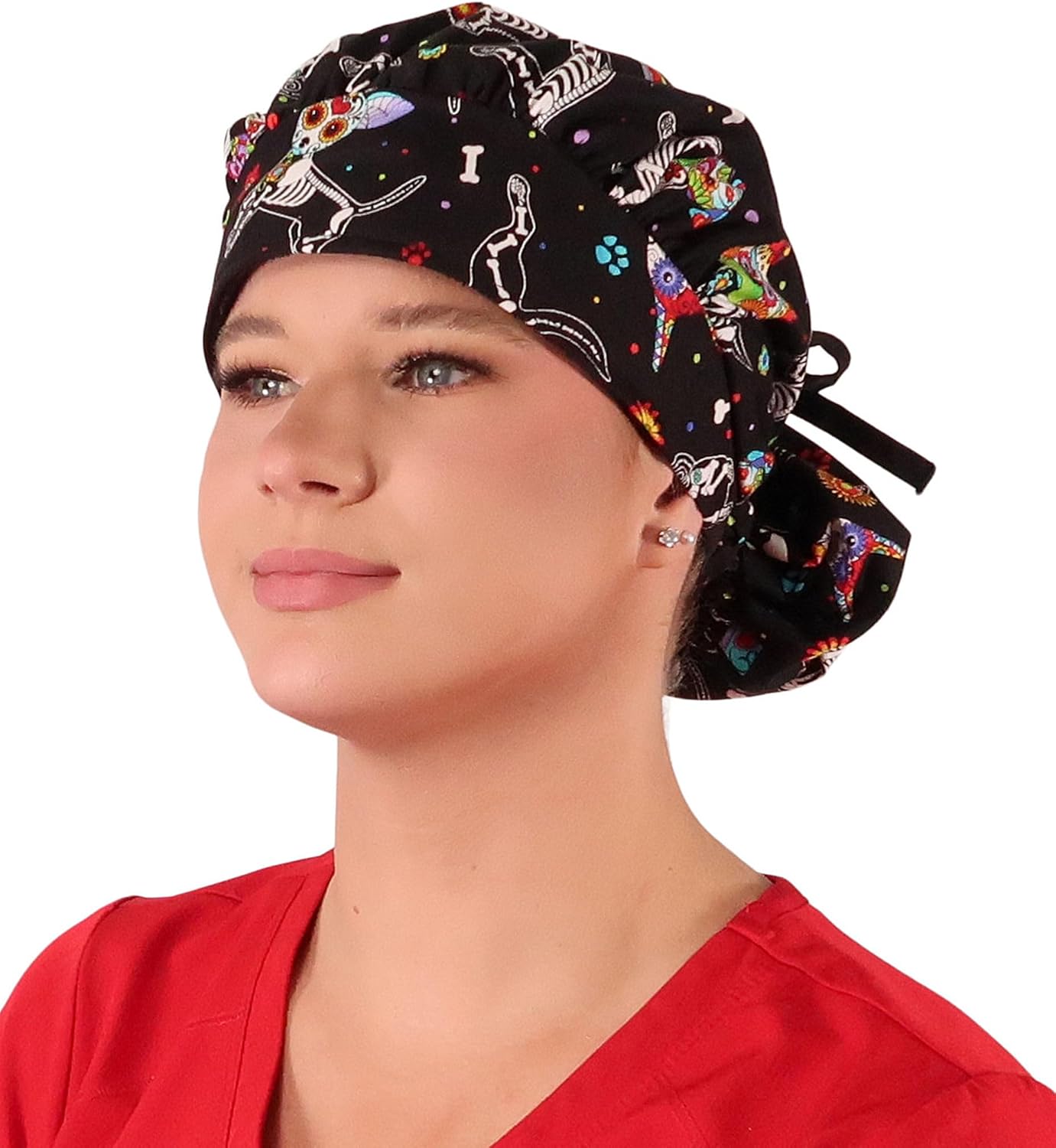 Sparkling EARTH Banded Bouffant Surgical Scrub Ponytail Working Caps and Built-in Sweatband - 100% Cotton - Made in The USA