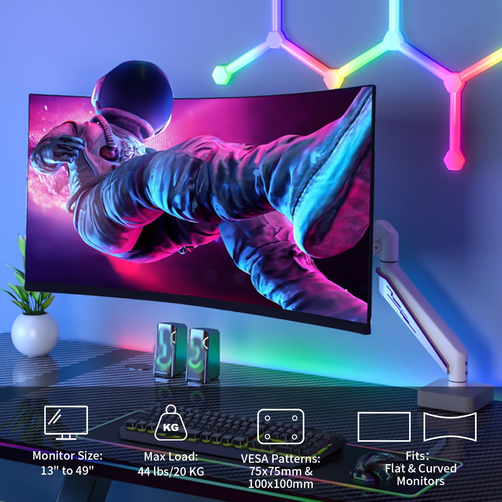 Braccio Monitor per 13-49 Pollici fino a 20 kg, Rotazione 360° Supporto Monitor Scrivania, Monitor Arm Inclinazione e Altezza Gas Regolabili, Porta Monitor Gestione dei Cavi, VESA 75/100 mm