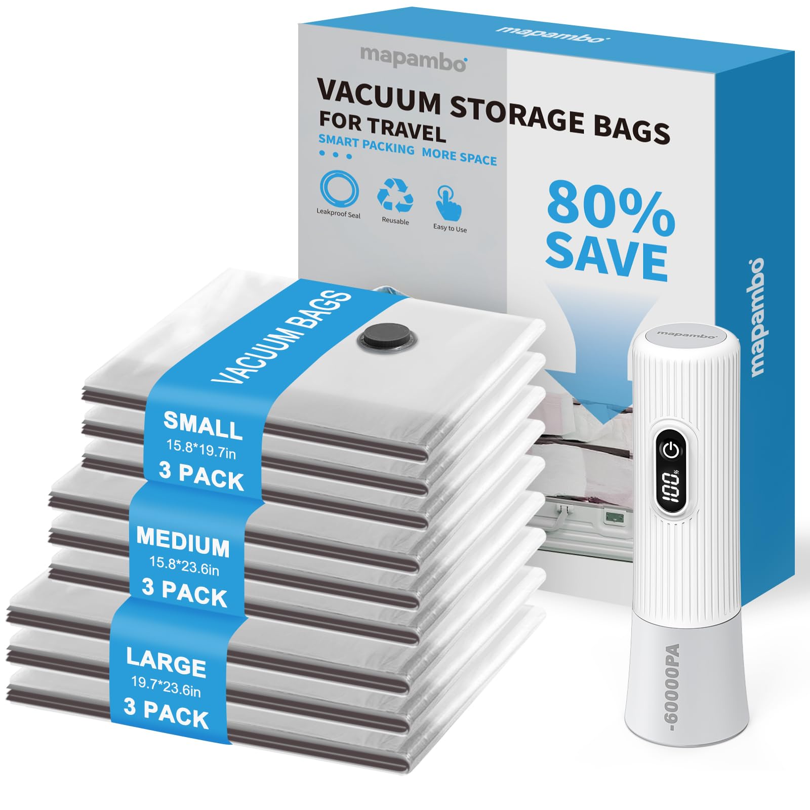 Mapambo Vacuum Storage Bags for Travel with Electric Pump -60000Pa, 9 Pack Vacuum Pack Bags for Clothes in 3 Combo Sizes, Save 80% Space for Travel Luggage & Home Organization โ image 1