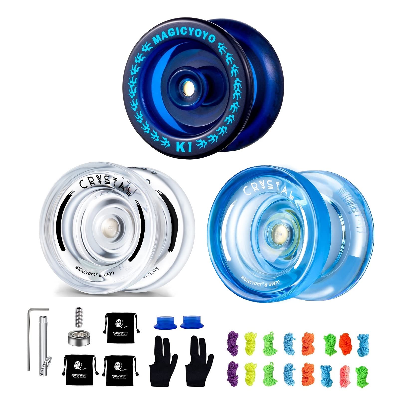 MAGICYOYO K1 Responsive Yoyo for Kids, Dual Function Yo Yo K2 for Unresponsive Yoyo with KK Bearing, Plastic Crystal Yoyos+24 Yoyo Strings+Bearing Removal Tool+KK Bearing+Bags