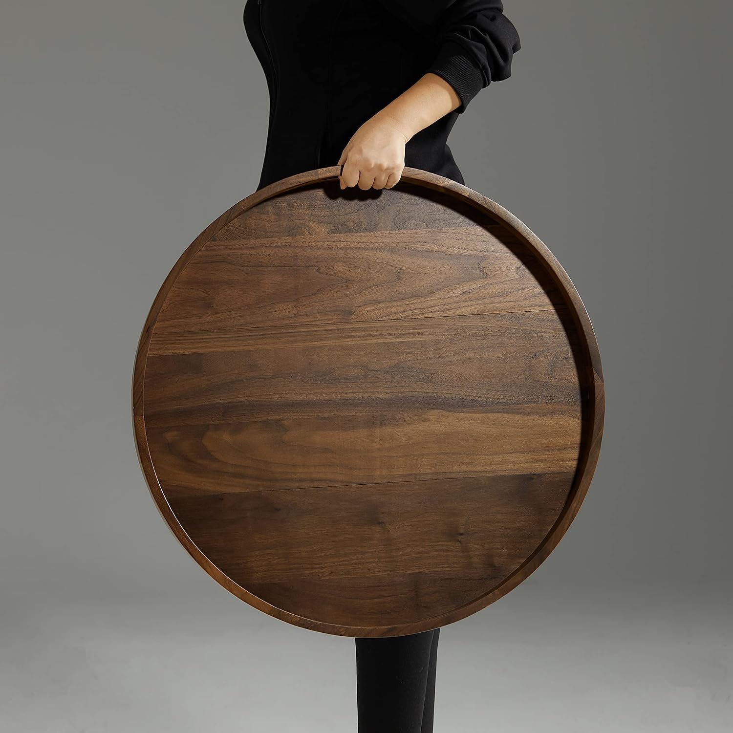 KINGCRAFT 26 x 26 inches Extra Large Round Ottoman Table Tray Wooden Solid Serving Tray with Handle Black Walnut Circle Platter Decorative Tray for Oversized Ottoman Home Breakfast in Bed Tea Coffee