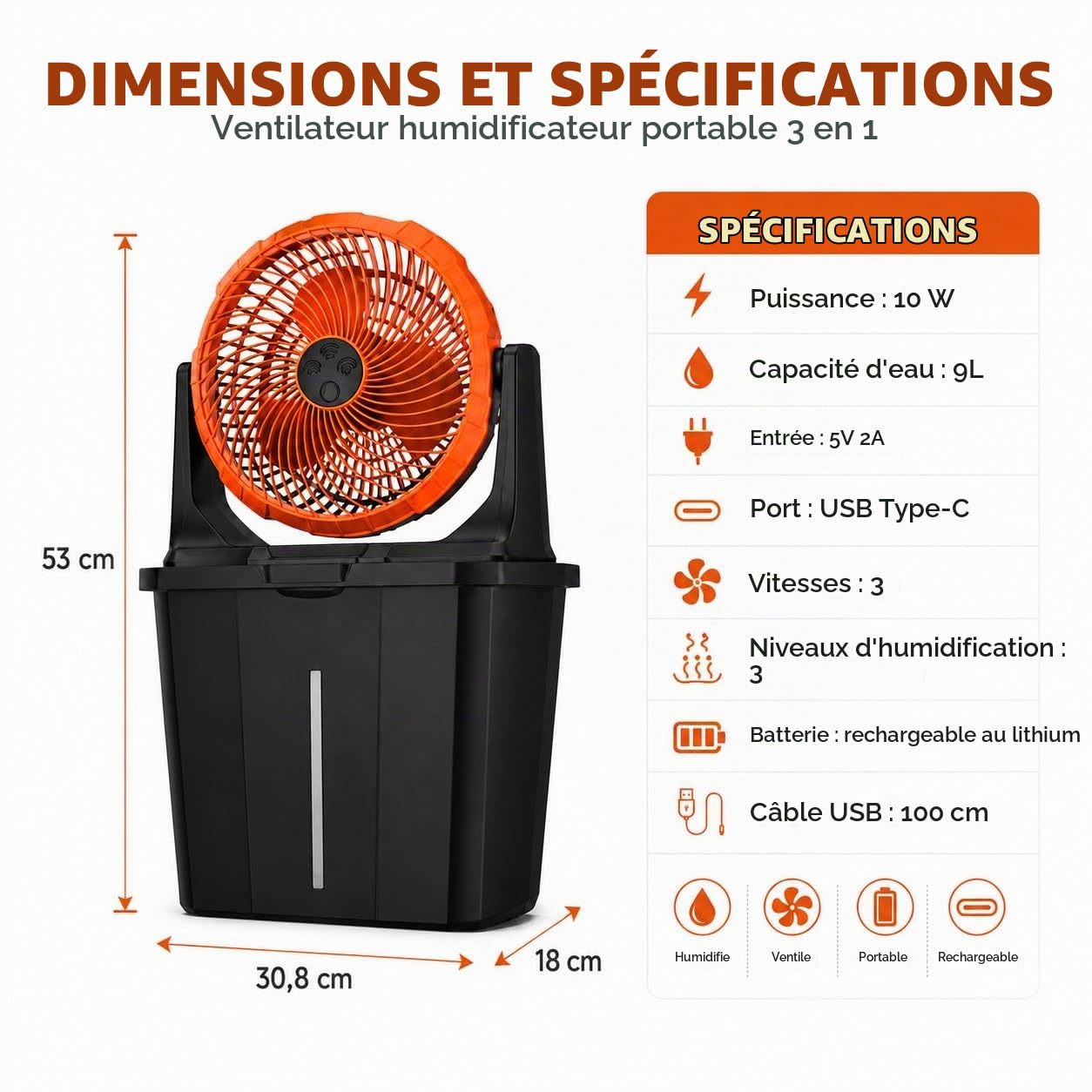 Ventilateur brumisateur rechargeable 10 W, réservoir de 9 L, 3 vitesses et 3 niveaux de brumisation, batterie rechargeable 16 000 mAh, USB-C, idéal pour la terrasse, le camping et la maison.