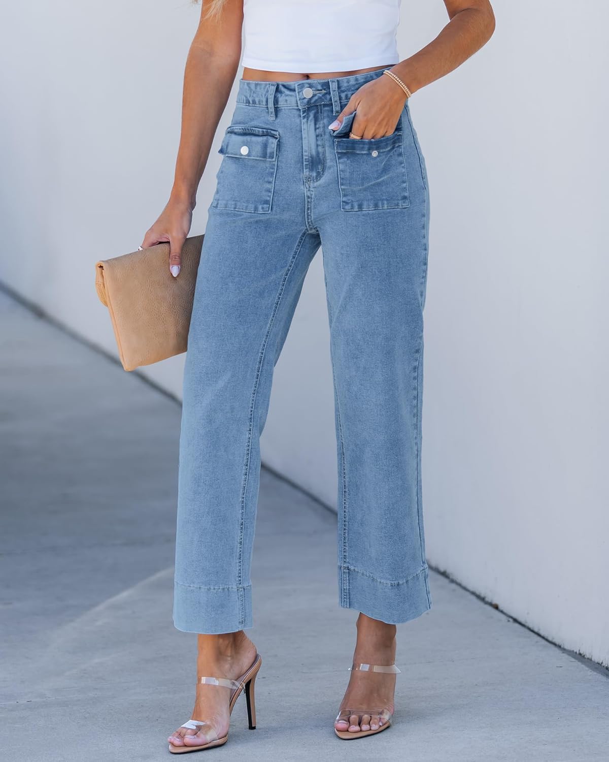 GRAPENT Wide Leg Jeans for Women Trendy High Waisted Straight Leg Cropped Stretchy Denim Pants with Retro Patch Pockets - Image 2