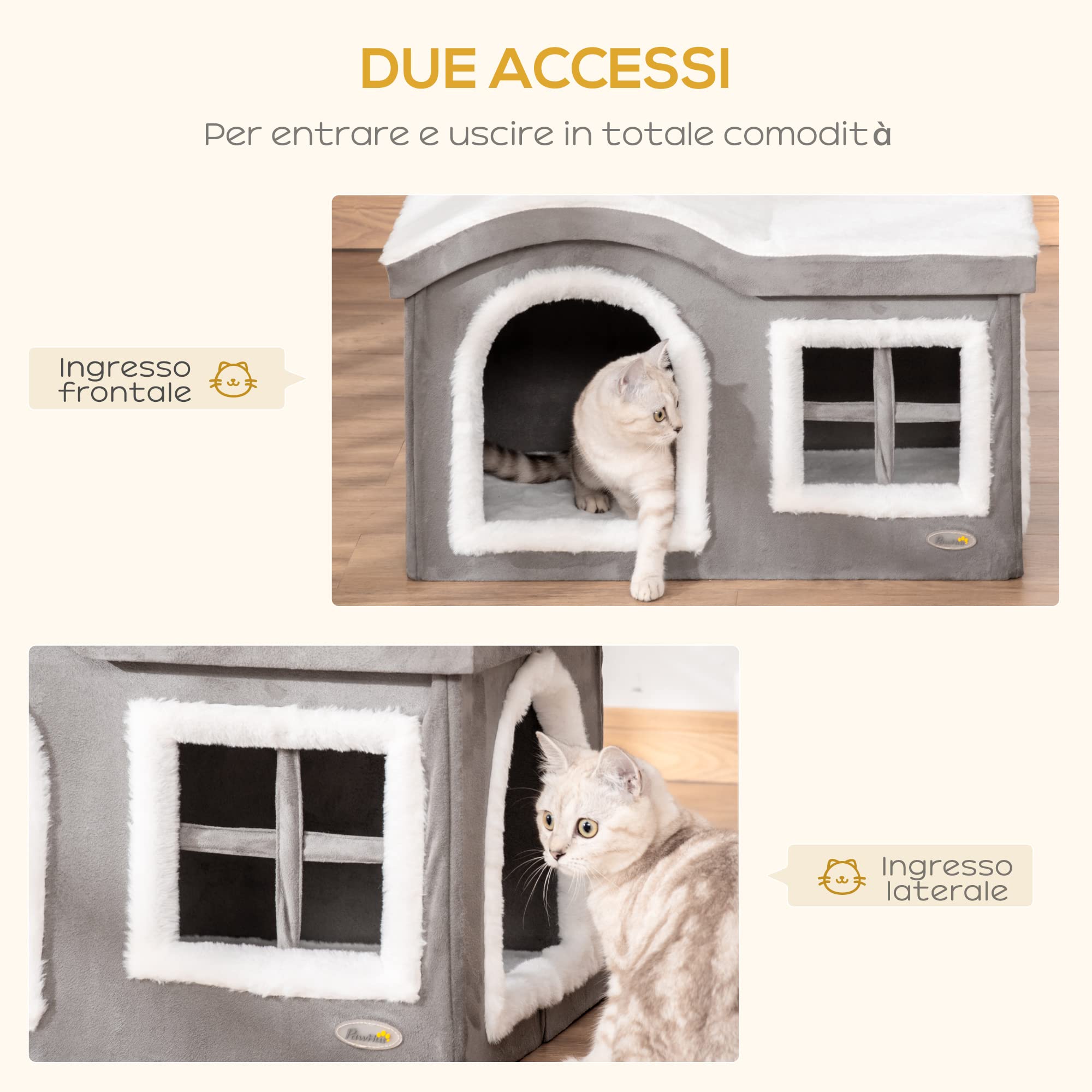 Pawhut Casetta per Gatti da Interno con 2 Entrate e Finestra, Cuscino e Base Antiscivolo, 63.5x37x40cm, Grigio