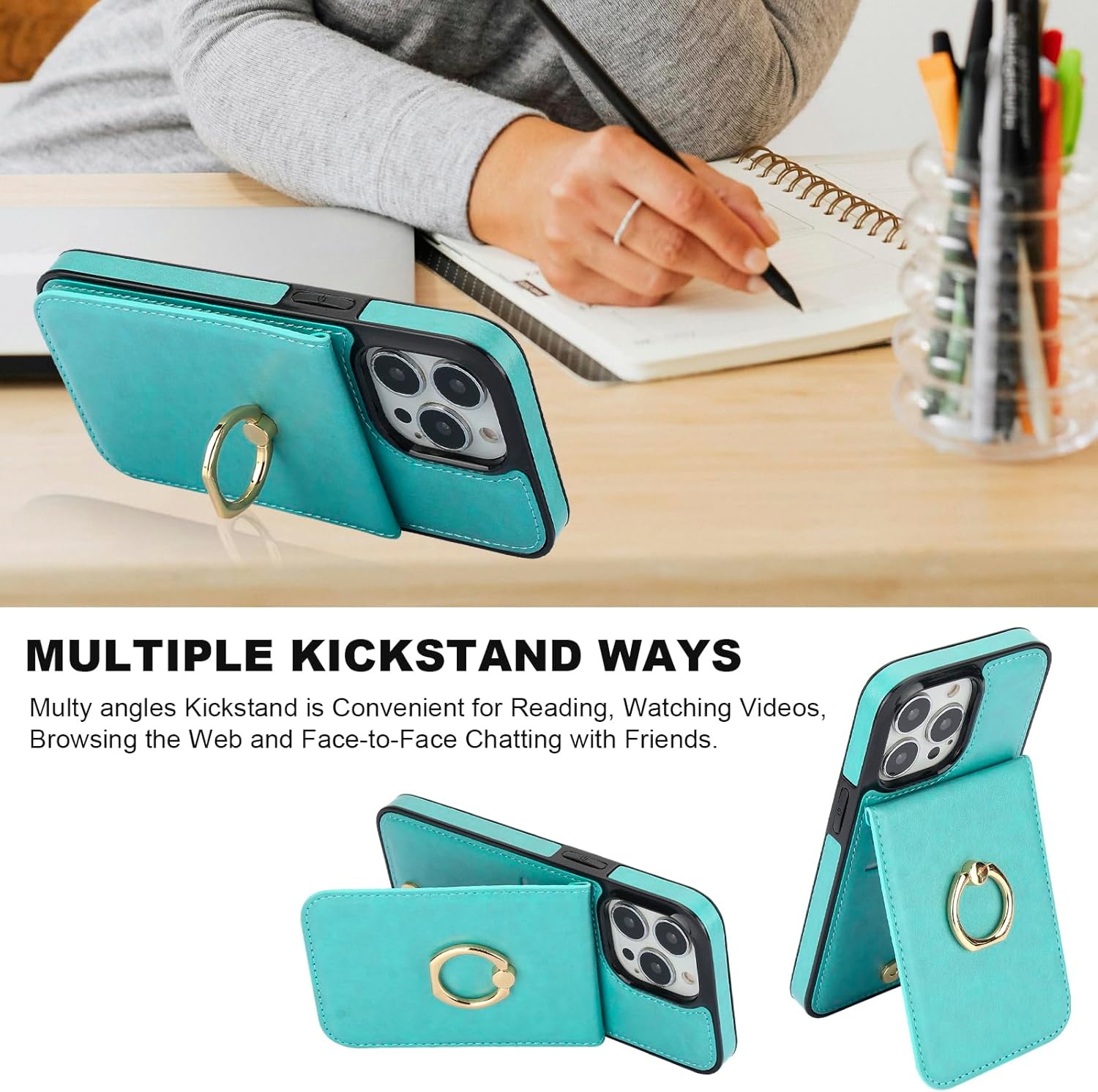 KIHUWEY for iPhone 13 Pro Case Wallet with Credit Card Holder, 360° Rotation Ring PU Leather Magnetic Clasp Kickstand Heavy Duty Protective Cover for Women and Men 6.1 Inch (Mint Green) - Image 6