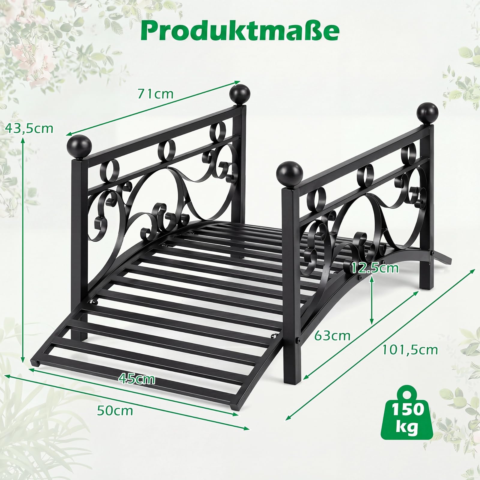 COSTWAY Brücke aus Metall, 101,5 cm, Teichbrücke 150 kg belastbar, Gartenbrücke mit dekorativen Geländern, Metallbrücke Antik-Optik, stabil und wetterfest, Zierbrücke für Garten Bach Teich, Schwarz