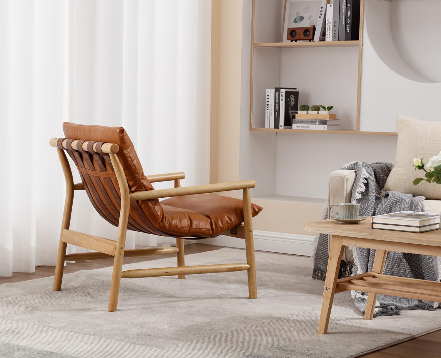 Kmax Modern Sling Accent Chair Upholstered PU Leather Living Room Chair Comfy Lounge Chair Solid Arm Chair for Reading Room, Backyard, Brown