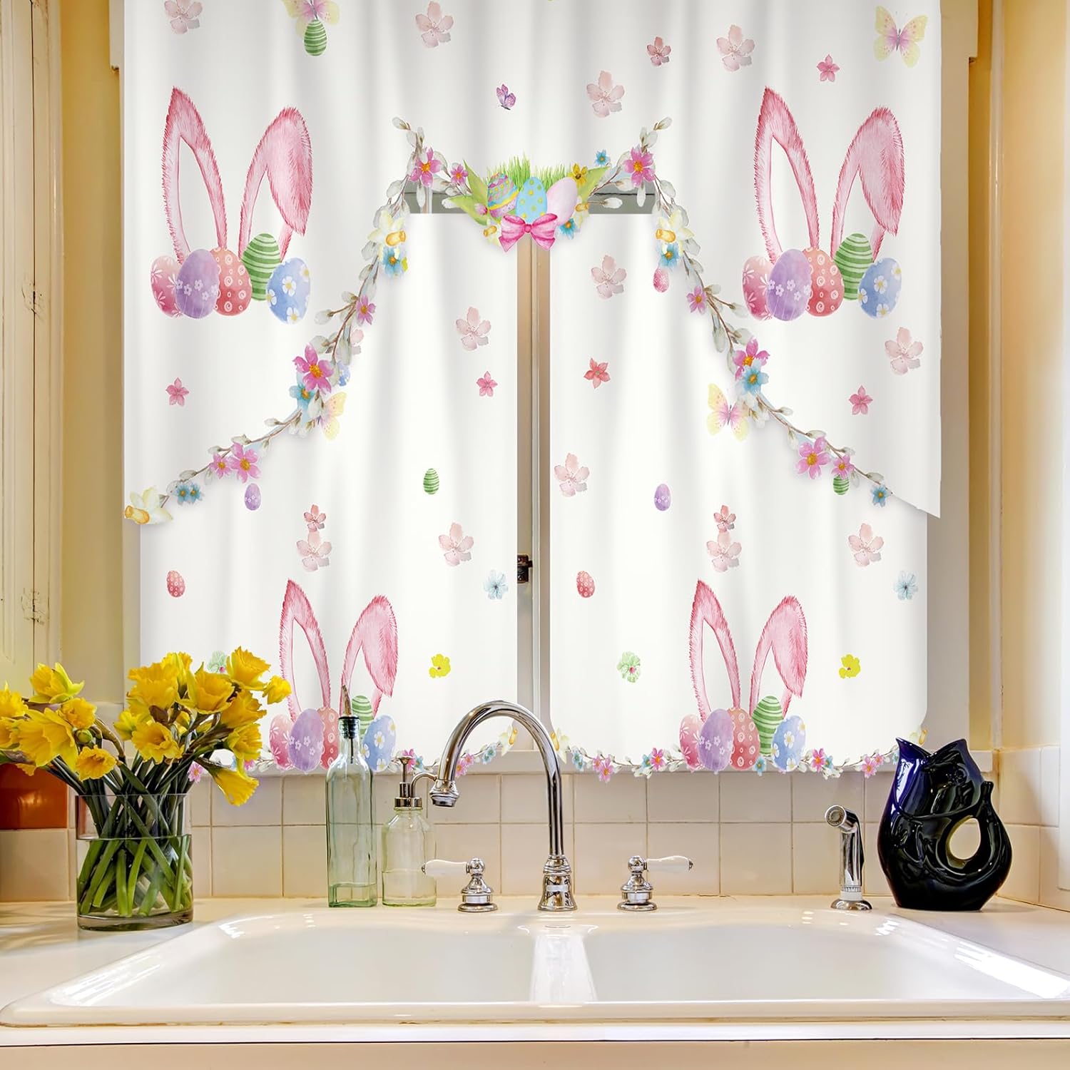FuWeave 3 Pcs Easter Kitchen Curtains Bunny Eggs Spring Valances and Tiers Set for Window Farmhouse Rabbit Ear Eggs Short Curtain for Home Easter Kitchen 58 x 34'' Valance 29 x 34'' Tier(White)