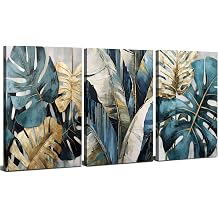 Abstract Set of 3 Wall Art Gold Wall Decor Botanical Prints Boho Wall Art Teal Green Leaf Pictures Turquoise Tropical Leaves Plants Paintings Modern Living Room Bathroom Home Decorations 30x40cm