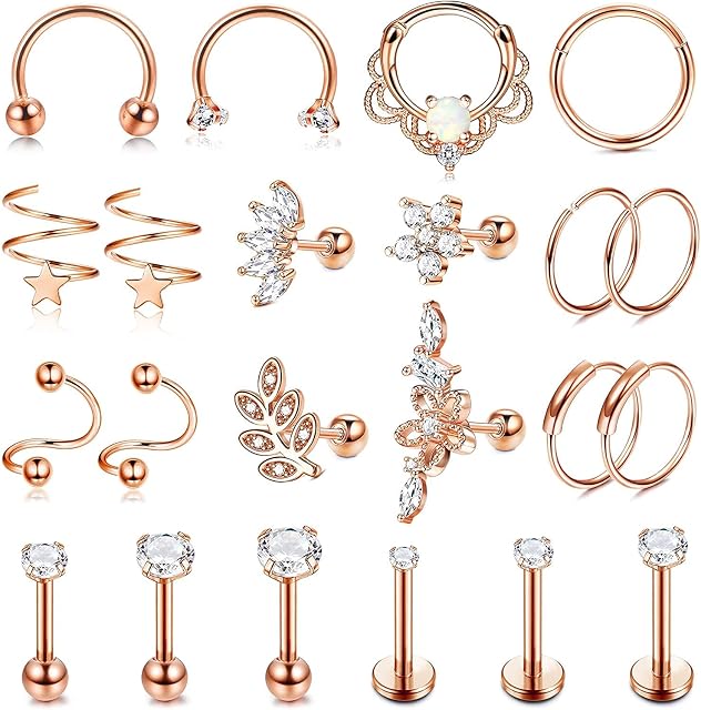 LOLIAS 21Pcs 16G Cartilage Earrings Stud Hoop for Women Men Stainless Steel CZ Labret Helix Piercing Tragus Stud Earrings Forward Conch Piercing Jewelry Set