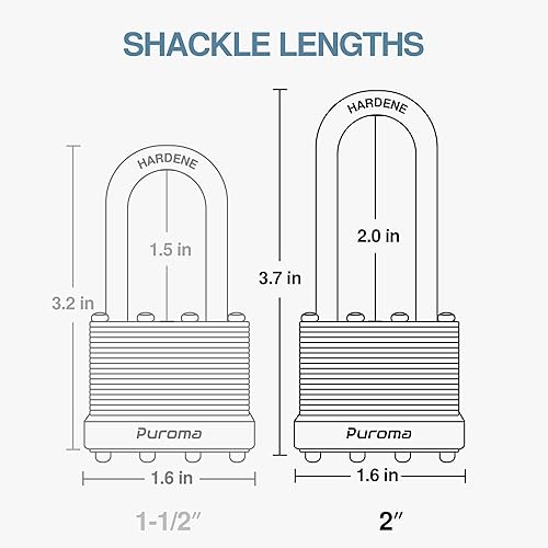 Miniatura 5 de Puroma Lock - Paquete de 4 candados, cerraduras de grillete de 2 pulgadas de largo con 8 llaves, candados de acero endurecido de 1.575 pulgadas con