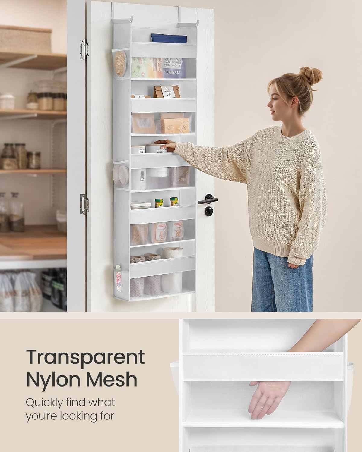 SONGMICS Over The Door Organizer, Hanging Door Organizer with 5 Large Pockets, 5-Tier Fabric Storage, Transparent Nylon Mesh, Foldable, Metal Hooks, with Side Pouches, Cloud White URDH007W01