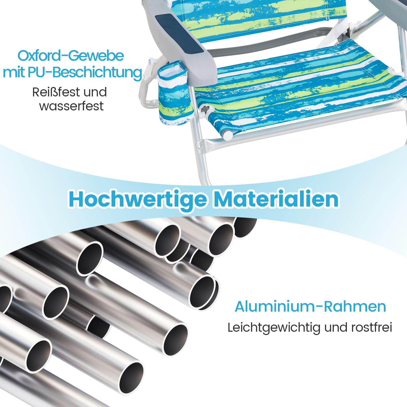 COSTWAY Strandstühle klappbar leicht, 2er Set, Campingstühle mit Verstellbarer Rückenlehne, Kopfstütze, Getränkehalter & Handtuchhalter, Klappstühle, Outdoor-Stühle bis 150 kg belastbar (Grün)