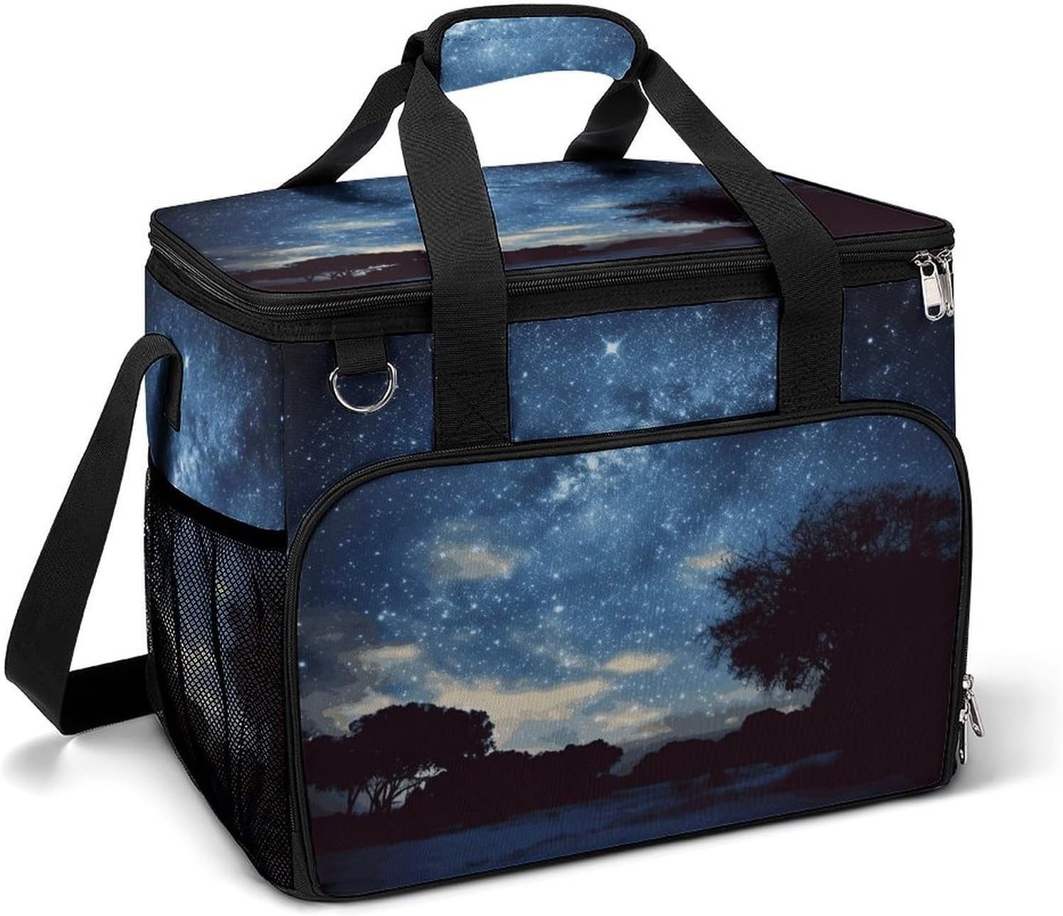 Insulated Picnic Backpack Tote Bag, Large Capacity 30L Night Sky with Trees Cooler Bag Leakproof Beach Bags Portable Lunch Box Waterproof Picnic Basket for Beach Camping BBQ