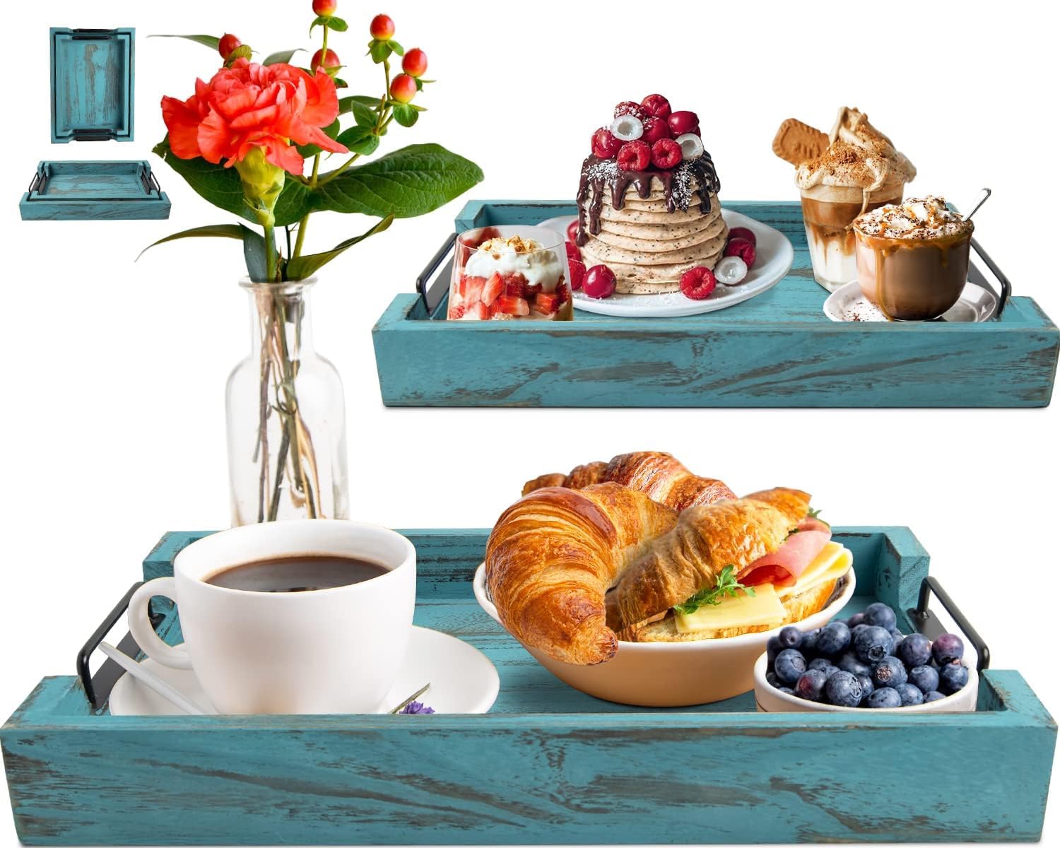 Comfify Rustic Wooden Serving Trays with Handle - Set of 2 - Large and Small Nesting Multipurpose Trays - for Breakfast, Coffee Table/Butler & More - Rustic Blue
