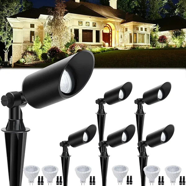 Landscape Lighting with MR16 LED Bulb 12V 6W Low Voltage Landscape Lights Waterproof for Yard Lawn Patio Garden 3000K Warm White, Cast-Aluminum LED Landscape Spotlights with ABS Ground Stake (6 Pack)