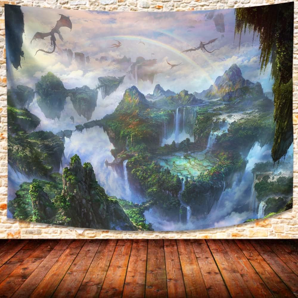 SHRAPHY Fantasy World Forest Tapestry Magic Wonderland Landscape Flying Dragon Tapestry Large 100x90 Inches Fairy Tale Art Wall Hanging Tapestry for Living Room Bedroom GTXPUH574