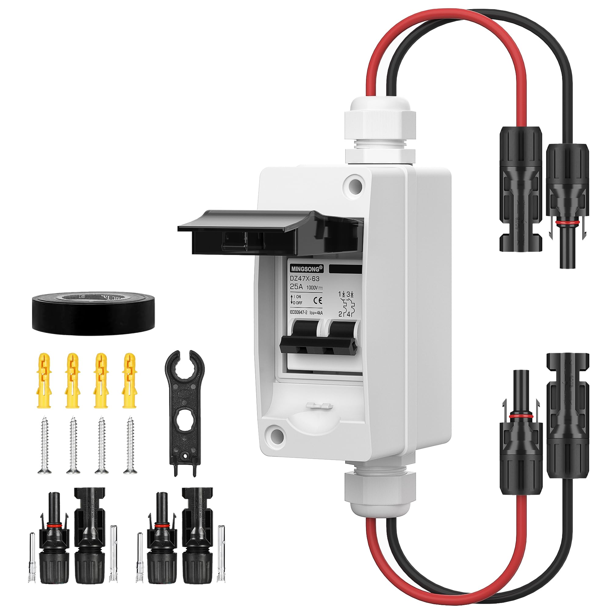 MINGSONG Solar Panels Disconnect Switch 25Amp DC Solar Shut Off Switch 1000V 2 Poles Outdoor Small Miniature Circuit Breaker Box, IP65 Waterproof