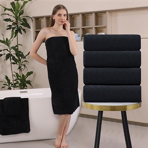 Ycosy Juego de toallas de baño negras de 35 x 70 pulgadas, toalla de baño de lujo de 21.16 ozm, microfibra extra grande, secado rápido, altamente
