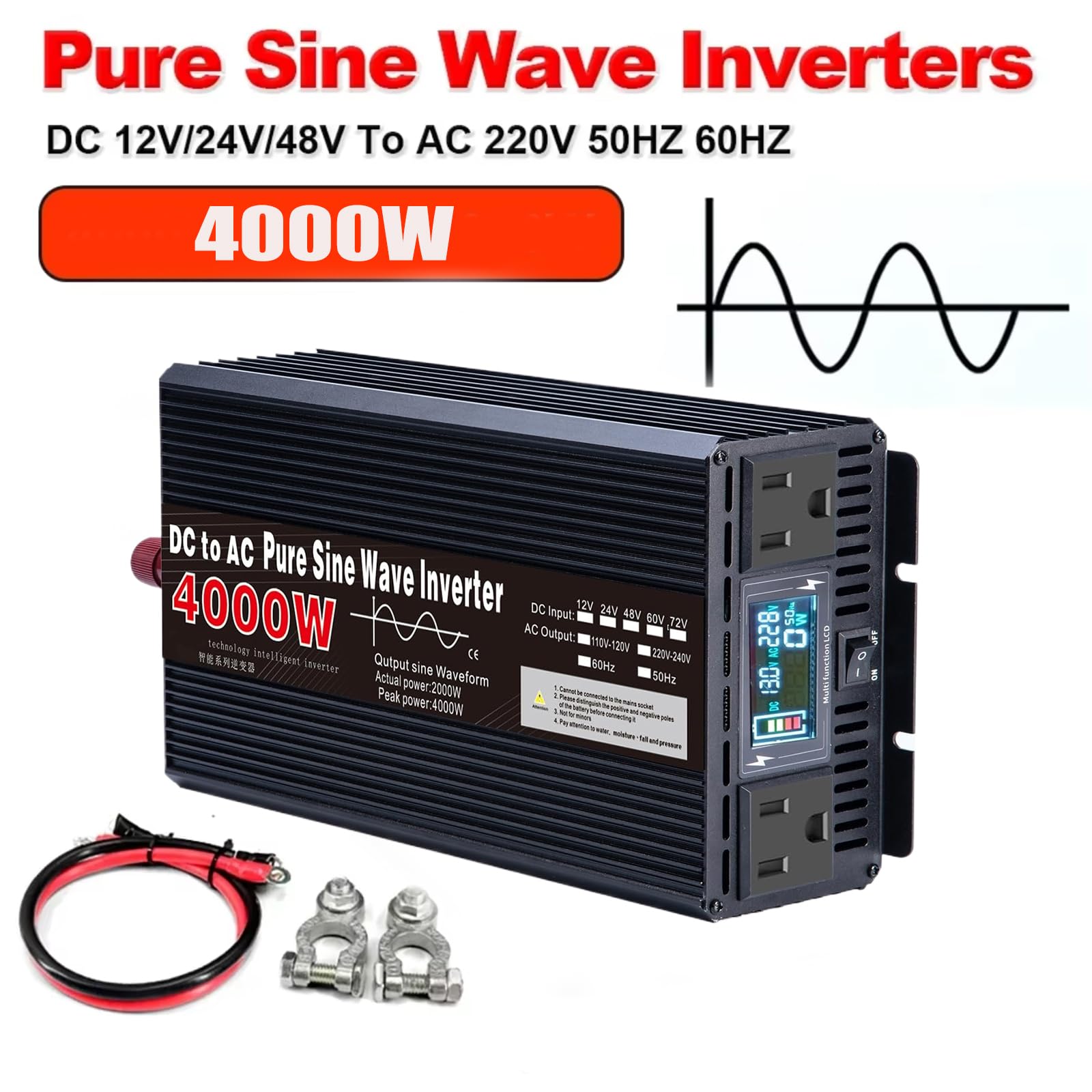 Falownik czystej fali sinusoidalnej, 4000W 12V/24V/48V/60V/72V DC na AC 110V/220V Konwerter mocy samochodowy solarny do kampingu/pojazdów kempingowych i systemów off-grid