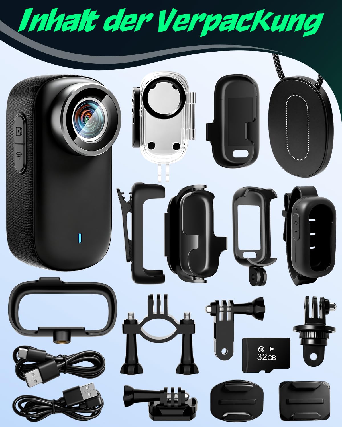 Action Cam 4K, WiFi Mini Bodycam Körperkamera 32GB, 150° Weitwinkel Video Sportkamera, 150° Action Kamera Fahrrad Motorrad Helmkamera, Wasserdicht Actionkamera mit Display für Vlog Outdoor Sportarten
