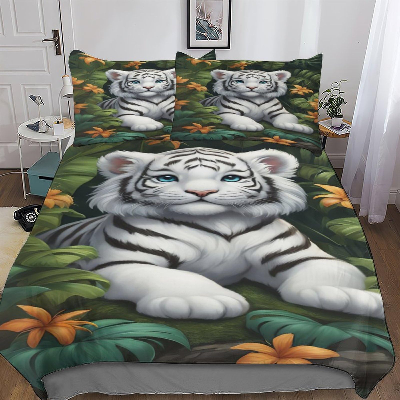 PAZZK Tiger Duvet Cover Set Kids Bed Cover Adults Bedroom Quilt Cover 2 PCs, 3D Printing Bedding Comforter Cover Bedspread, Soft Microfiber Bed Set Single (135x200cm)