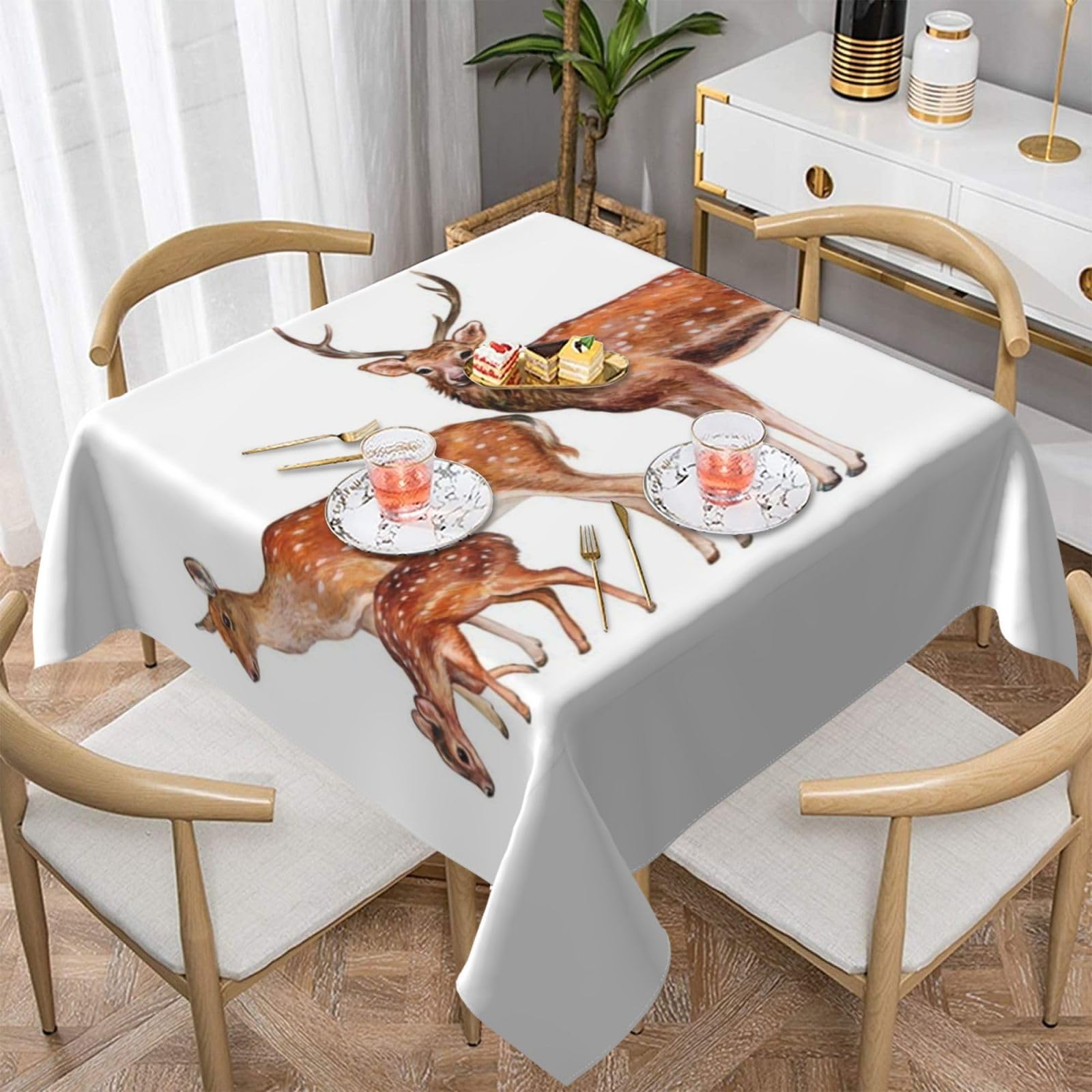 DCEHGEW Spotted Deer Prints Square Tablecloth 137x137 CM, Waterproof Fabric Table Cloth for Dining Table, Farmhouse Table Cover for Kitchen Dining Tabletop Decoration