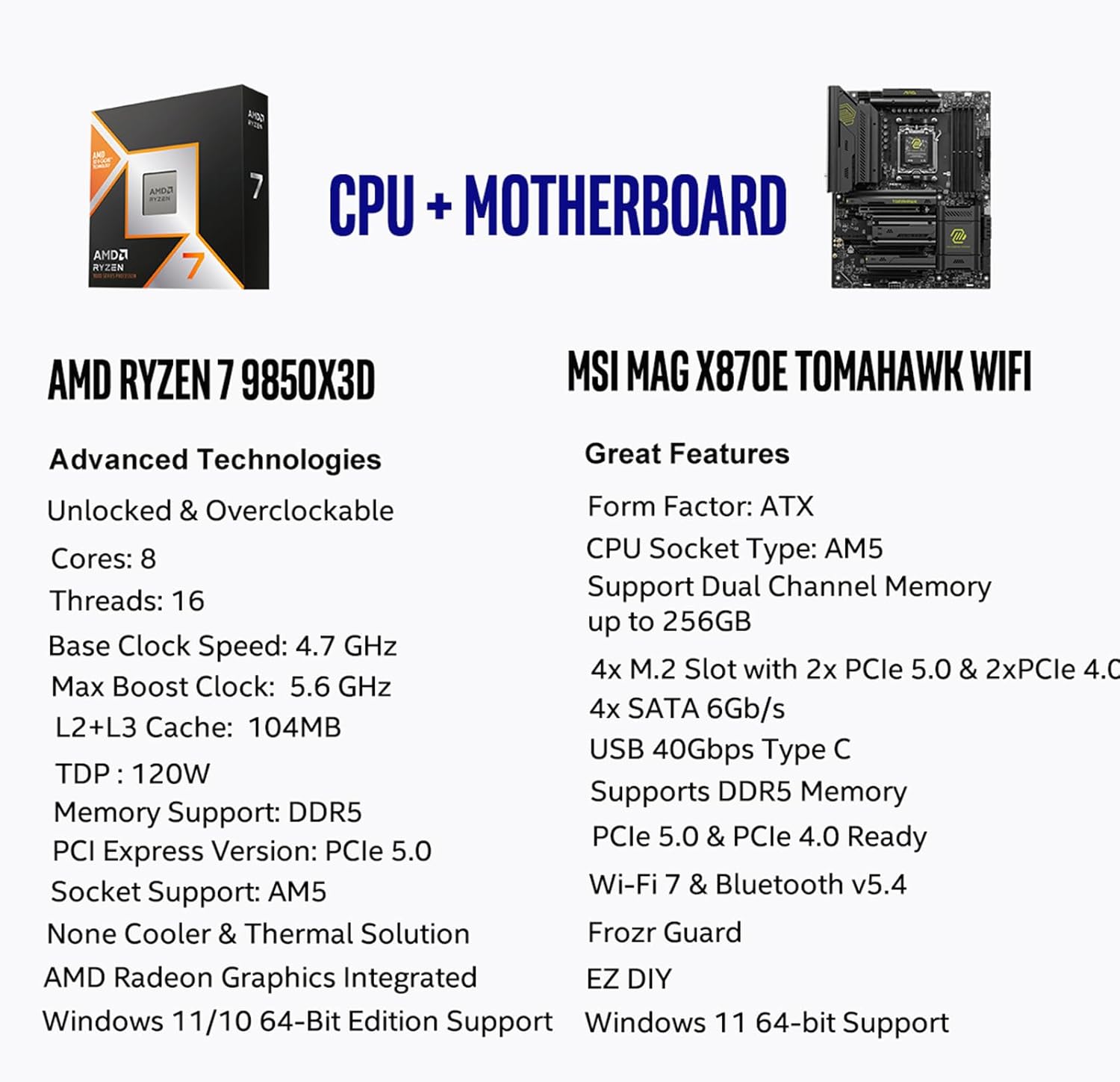 MICRO CENTER AMD Ryzen 7 9850X3D CPU Processor with MSI MAG X870E Tomahawk WiFi ATX Motherboard (DDR5, PCIe 5.0, M.2 Gen5, Wi-Fi 7, 5G LAN)
