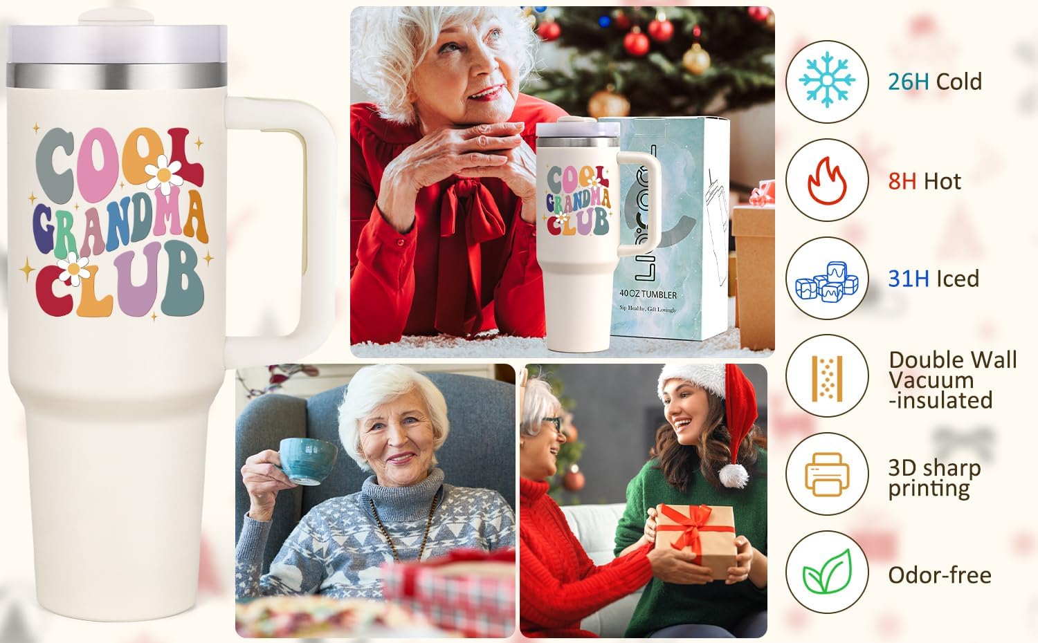 LiqCool Grandma Christmas Gifts, 40 Oz Cool Grandma Club Tumbler with Handle, Best Grandmother Gifts from Grandkids Granddaughter for Birthday Mother's Day(Cream) - Image 7