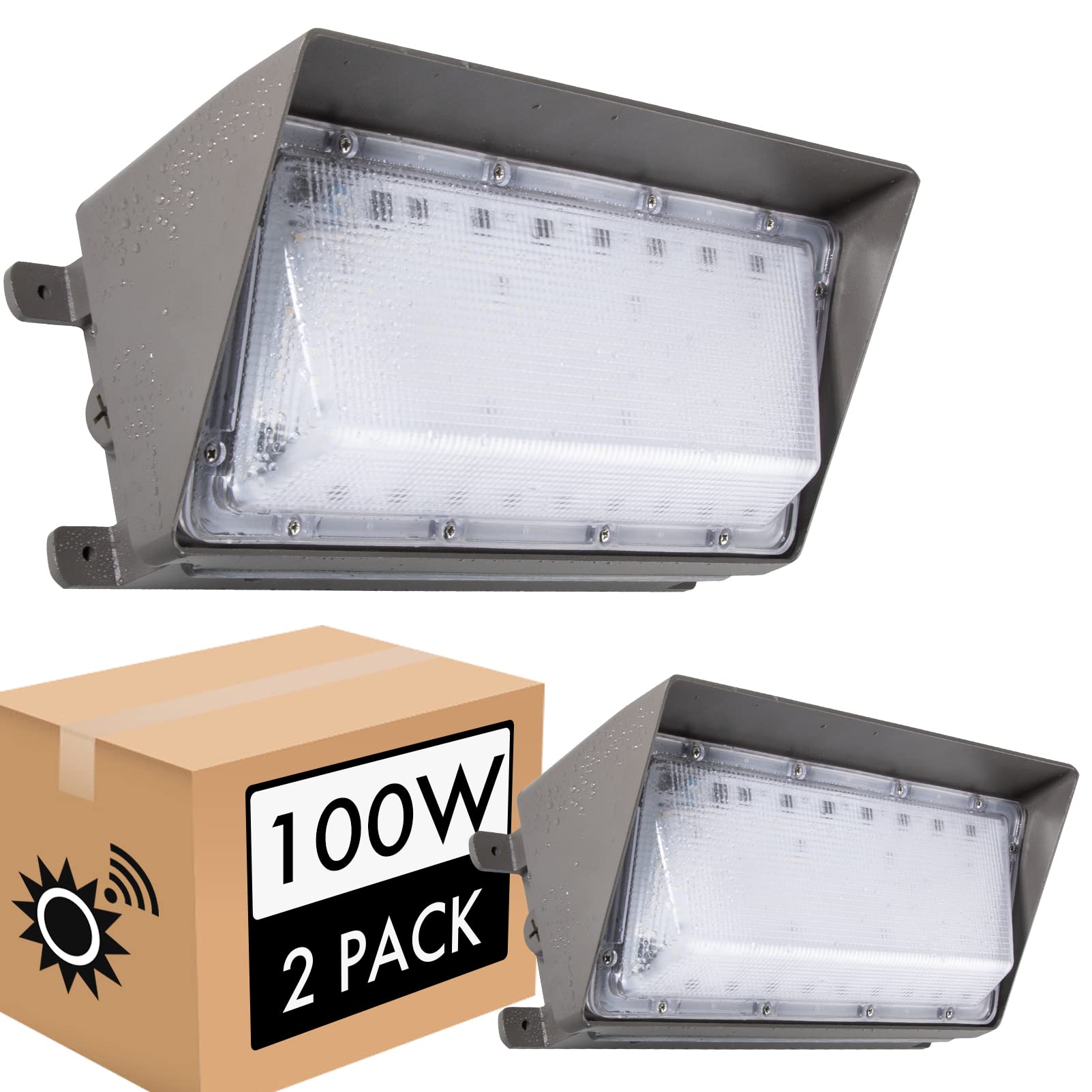 Photo 1 of 2 Pack 100W LED Wall Pack Lights with Photocell, 13200 LM (700W HPS/HID Equivalent), Daylight 5000K, IP65, Bright Outdoor Commercial and Flood Security Lighting 100W 2 PACK
