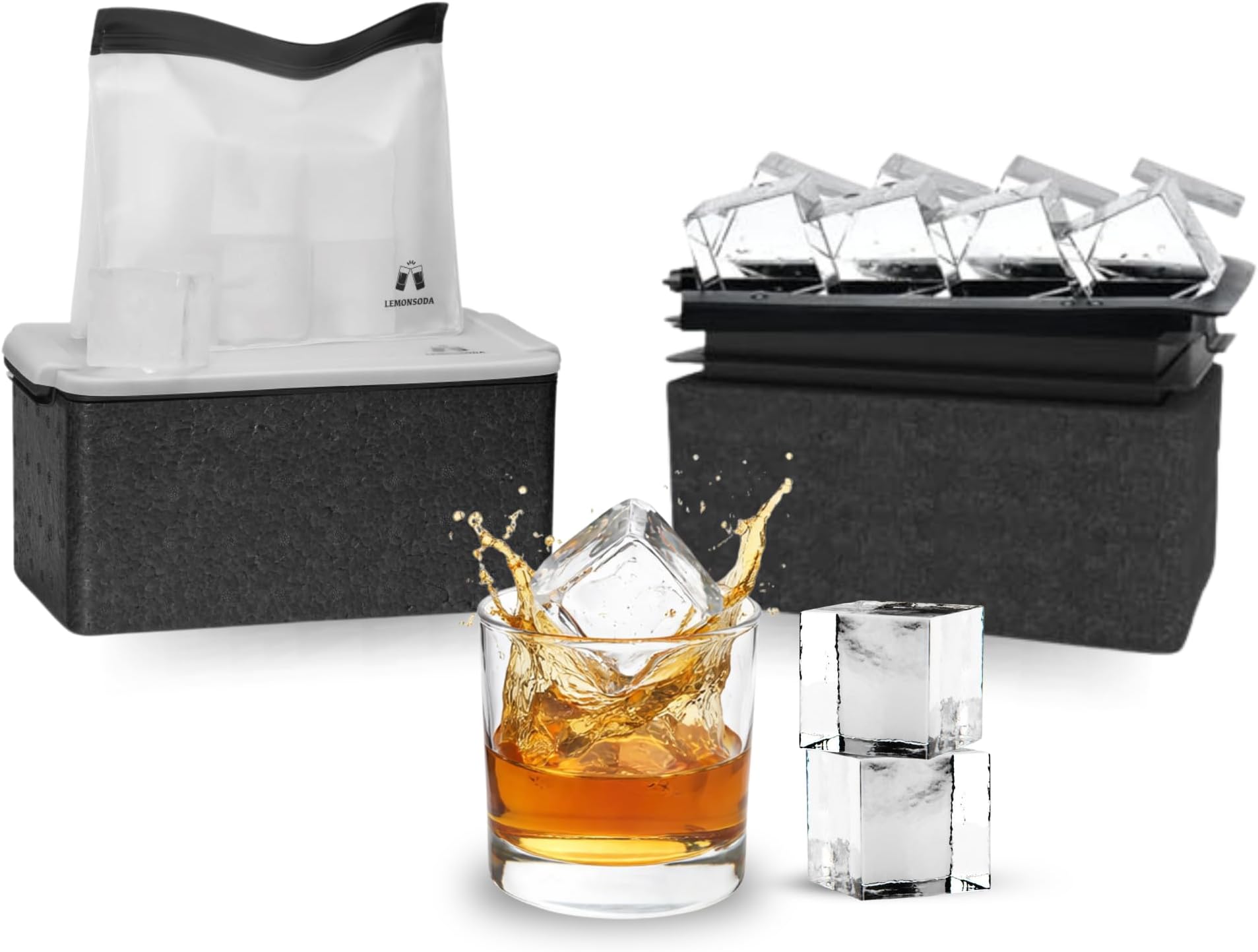LEMONSODA Crystal Clear Ice Cube Maker Tray - Makes 8 2" Square Ice Cubes Mold for Whiskey, Scotch, and Cocktails - Premium Packaging