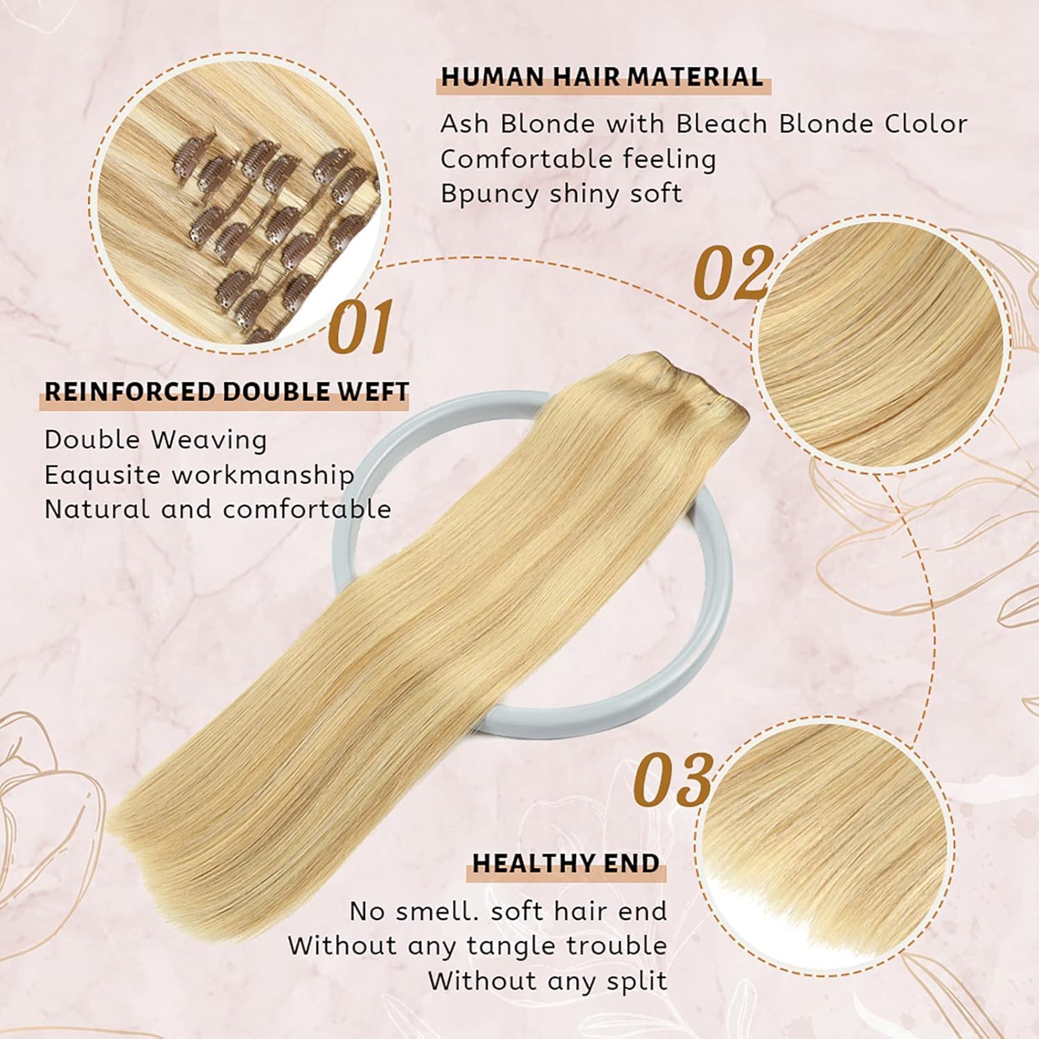 Clip in Hair Extensions Real Human Hair for Women Invisible Natural Straight Seamless Clip on Hair Extensions 8pcs Double Weft 60g (#18p613 Dark Blonde Highlighted Bleach Blonde, 14 Inch)
