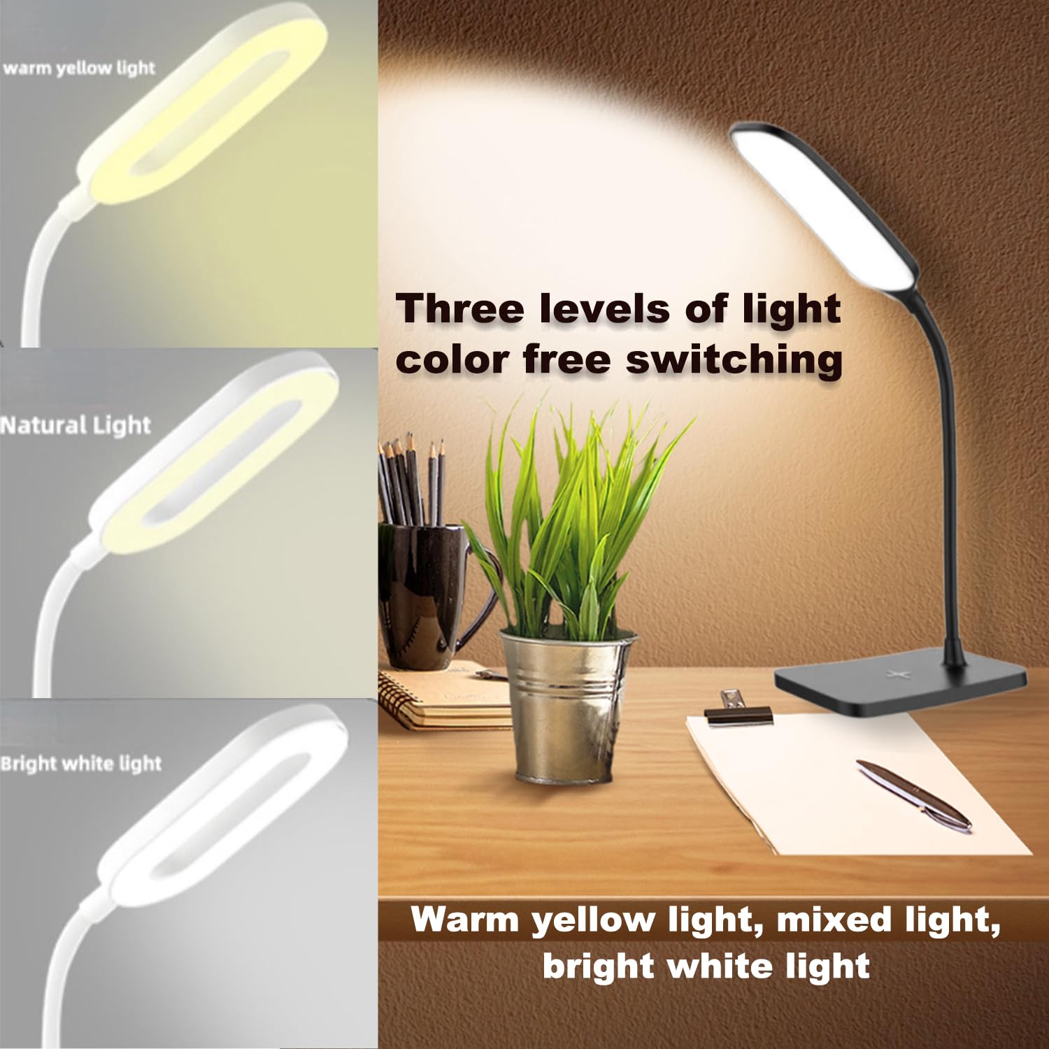 2 lámparas LED de escritorio, lámpara de mesa, luz de noche para el hogar, 3 modos de iluminación, carga rápida inalámbrica, control táctil de luz de escritorio con cuello de cisne ajustable 3