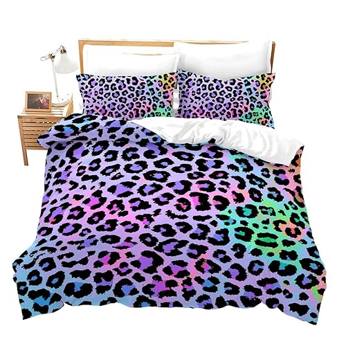 Leopard Bedding Set Double Colorful Leopard Duvet Cover Set Africa Cheetah Decorative for Kids Boys Girls Adults,Soft Breathable Microfiber Animal Comforter Cover with 2 Pillow Shams - Double - Pink and Black and Green