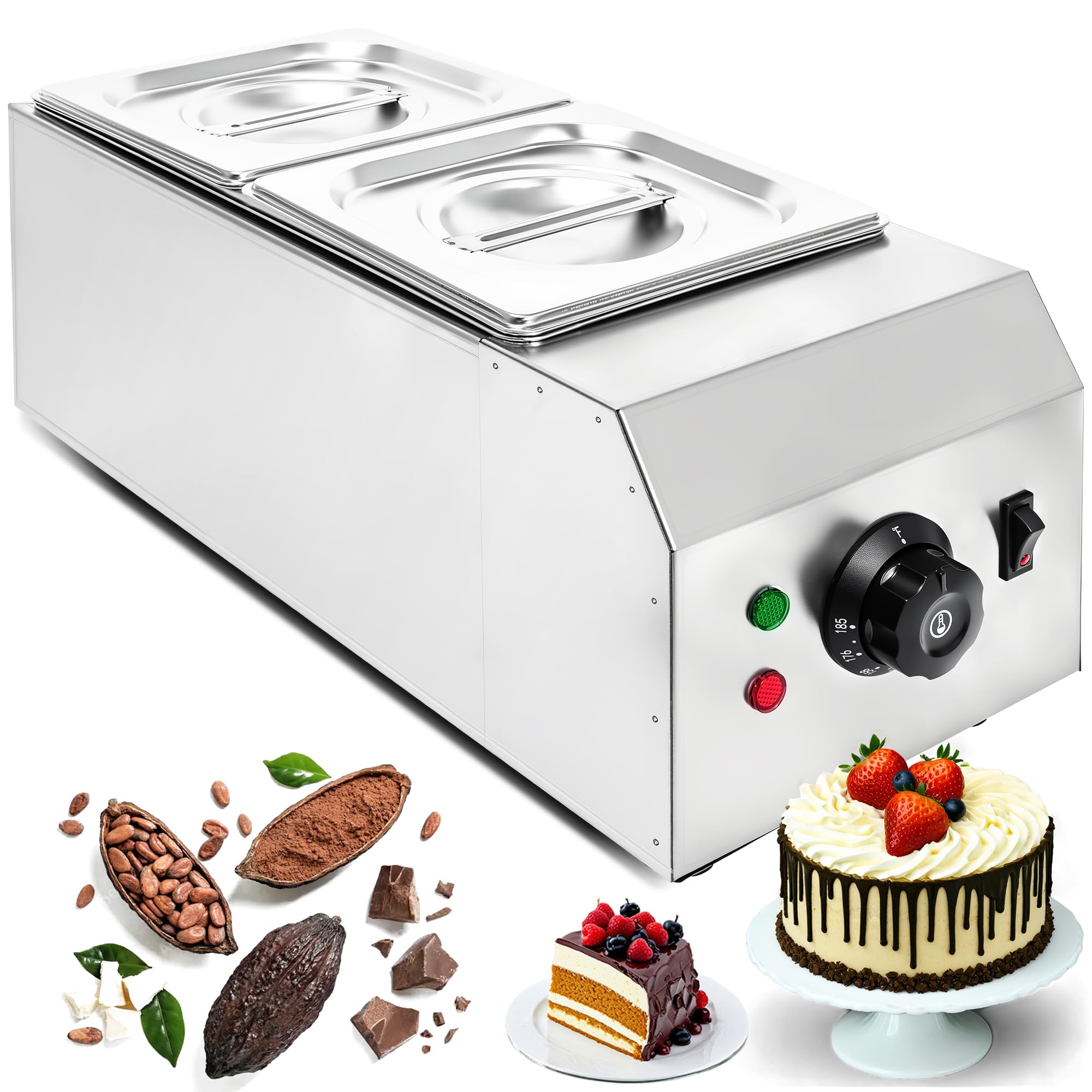 Chocolate Melting Machine with 2 Tanks, 1KW Electric Chocolate Tempering Pot, Chocolate Warmer Fondue with Temperature Control for Chocolate Cheese Soup Melting and Heating