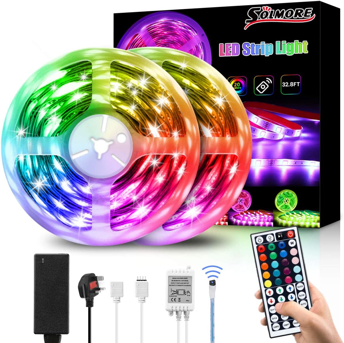 LED Strip Lights 10M, SOLMORE 5050 RGB Led Light Strip 5Mx2, Multicolor Mood Lights with 300 LEDs, IP65 Waterproof, DIY with Remote Control, LED Strips for Room Ceiling Indoors/Outdoors