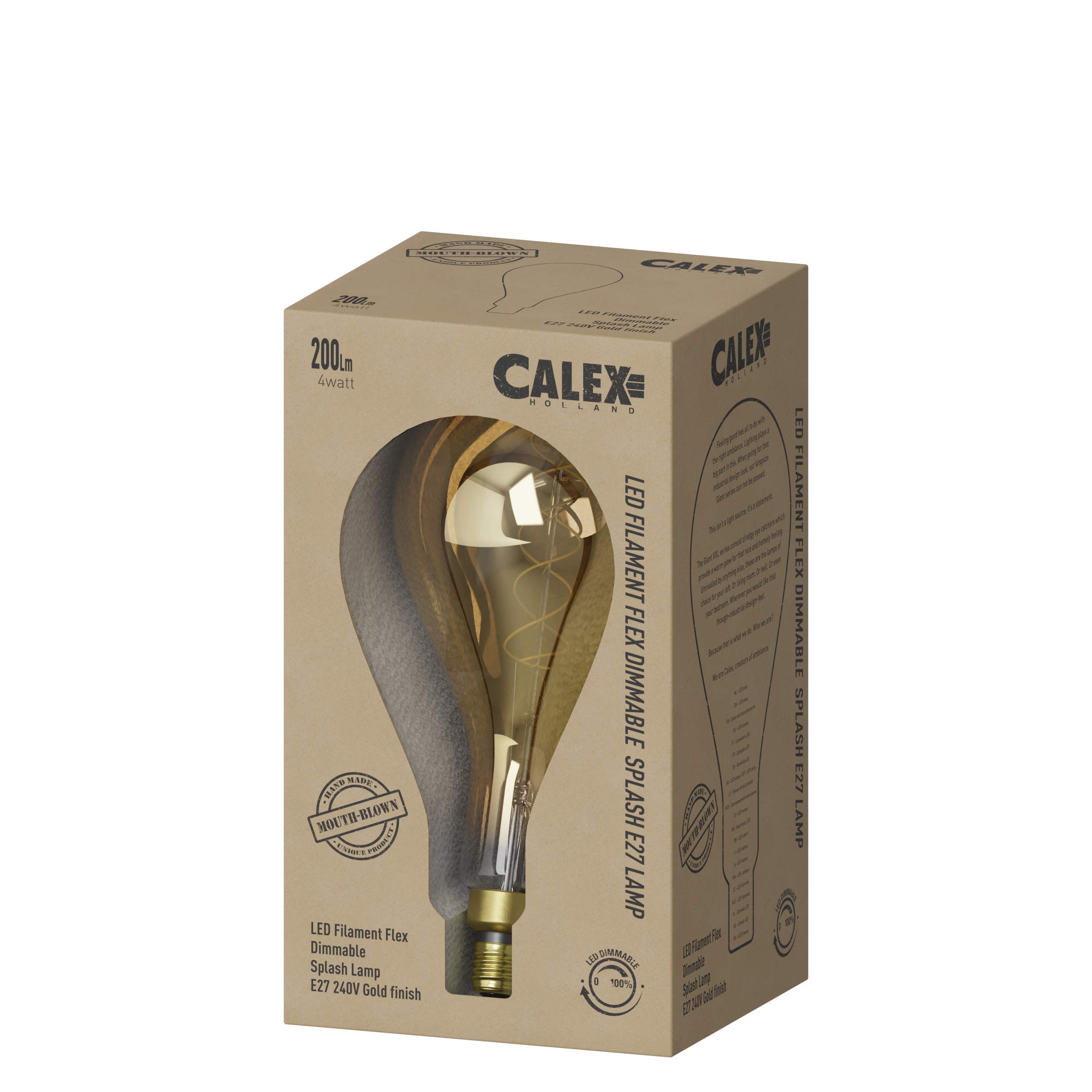 Calex 220 – 240 V 4 W 200 lumenów E27 PS160 2100 K przyciemniana LED pełne szkło Flex Filament Splash lampa złoty