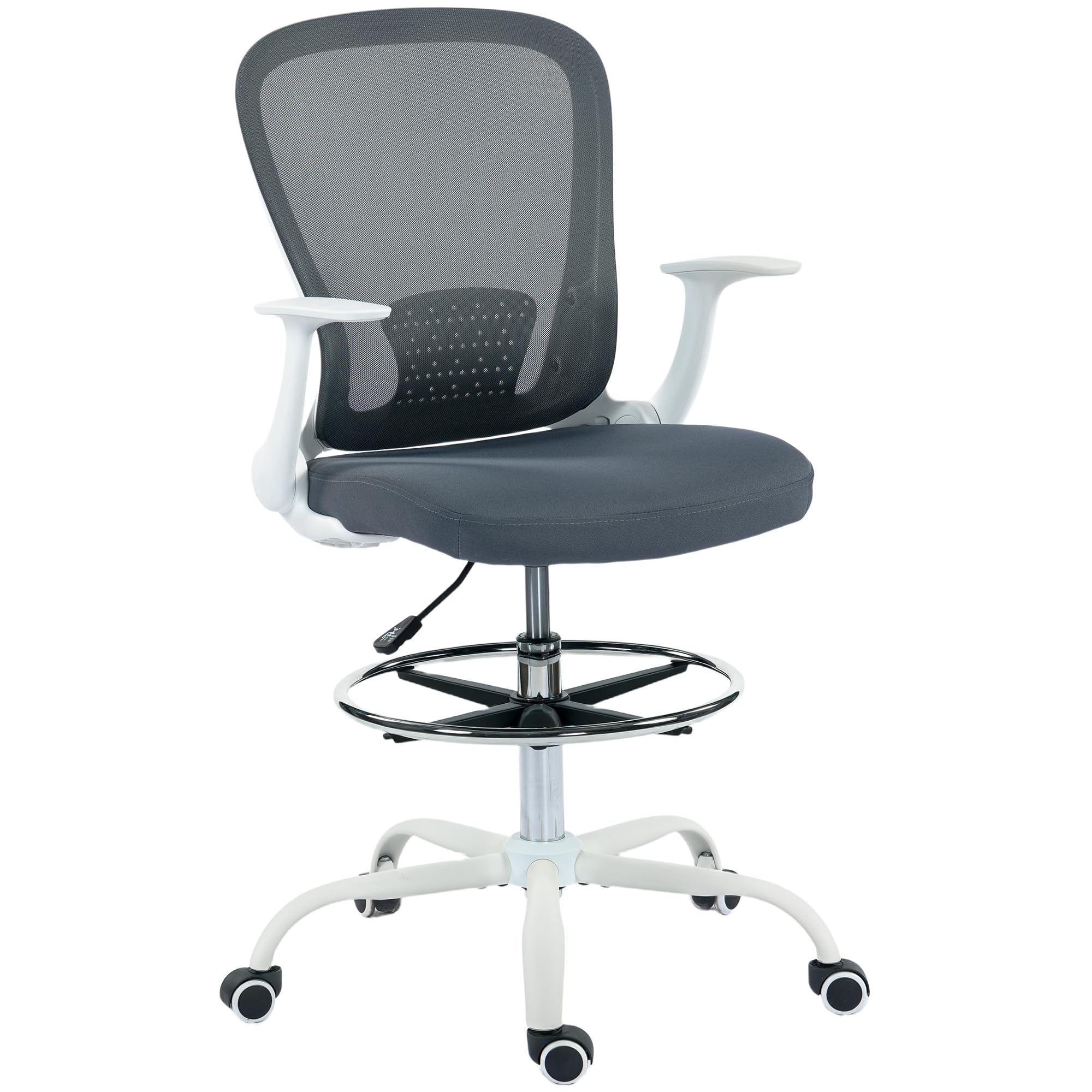 HOMCOM Silla de oficina ergonómica con reposapiés ajustable y reposabrazos elevables, Silla de dibujo con respaldo de malla, altura ajustable, reposabrazos altos, giratoria 360°, gris
