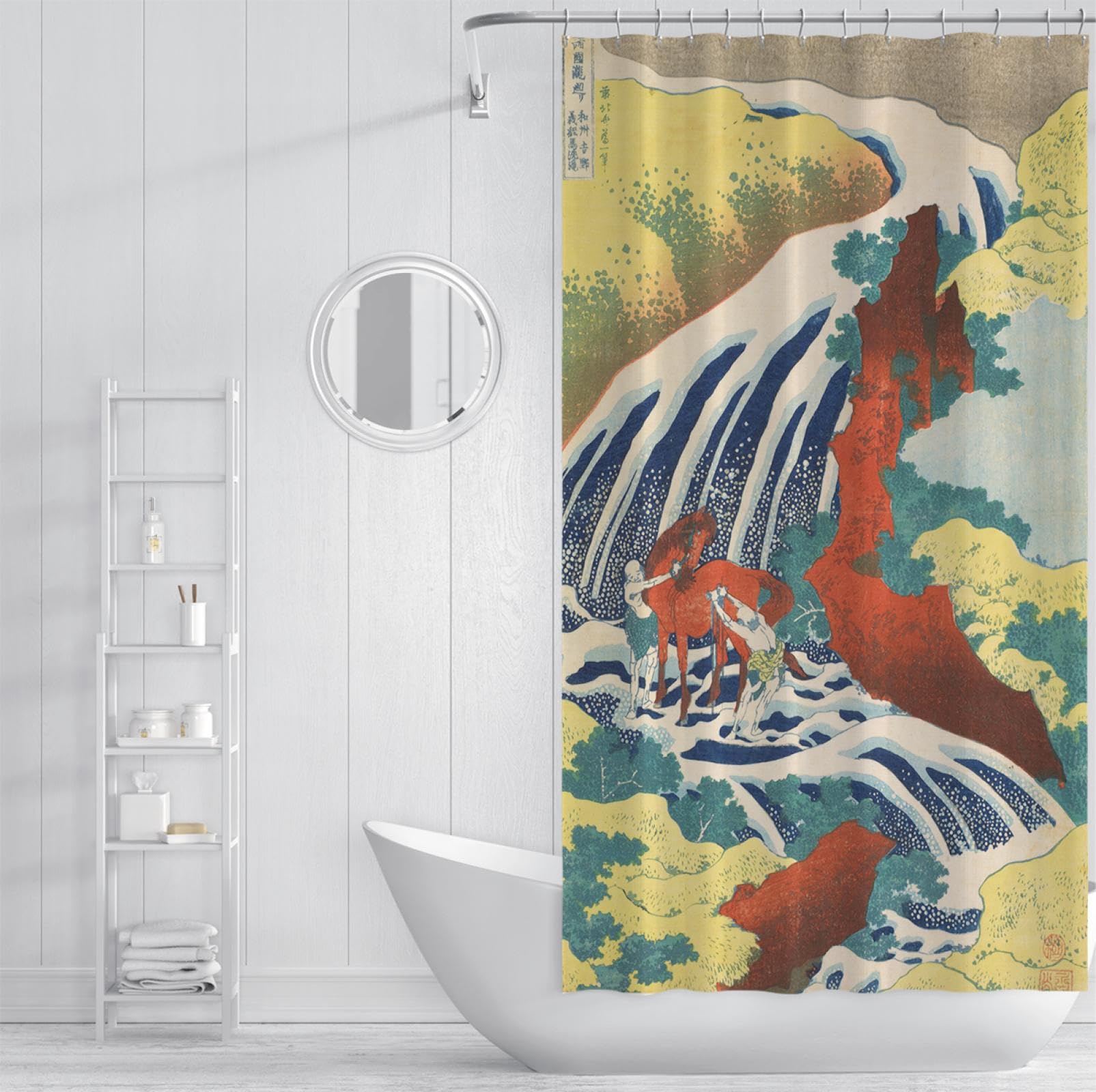 Juego de Cortinas de Ducha japonesas Ukiyo-e Cascada Abstracta Cascada Creek Riverside Cortinas de baño Retro Cortina de Ducha de Tela Lavable a máquina 240x180cm