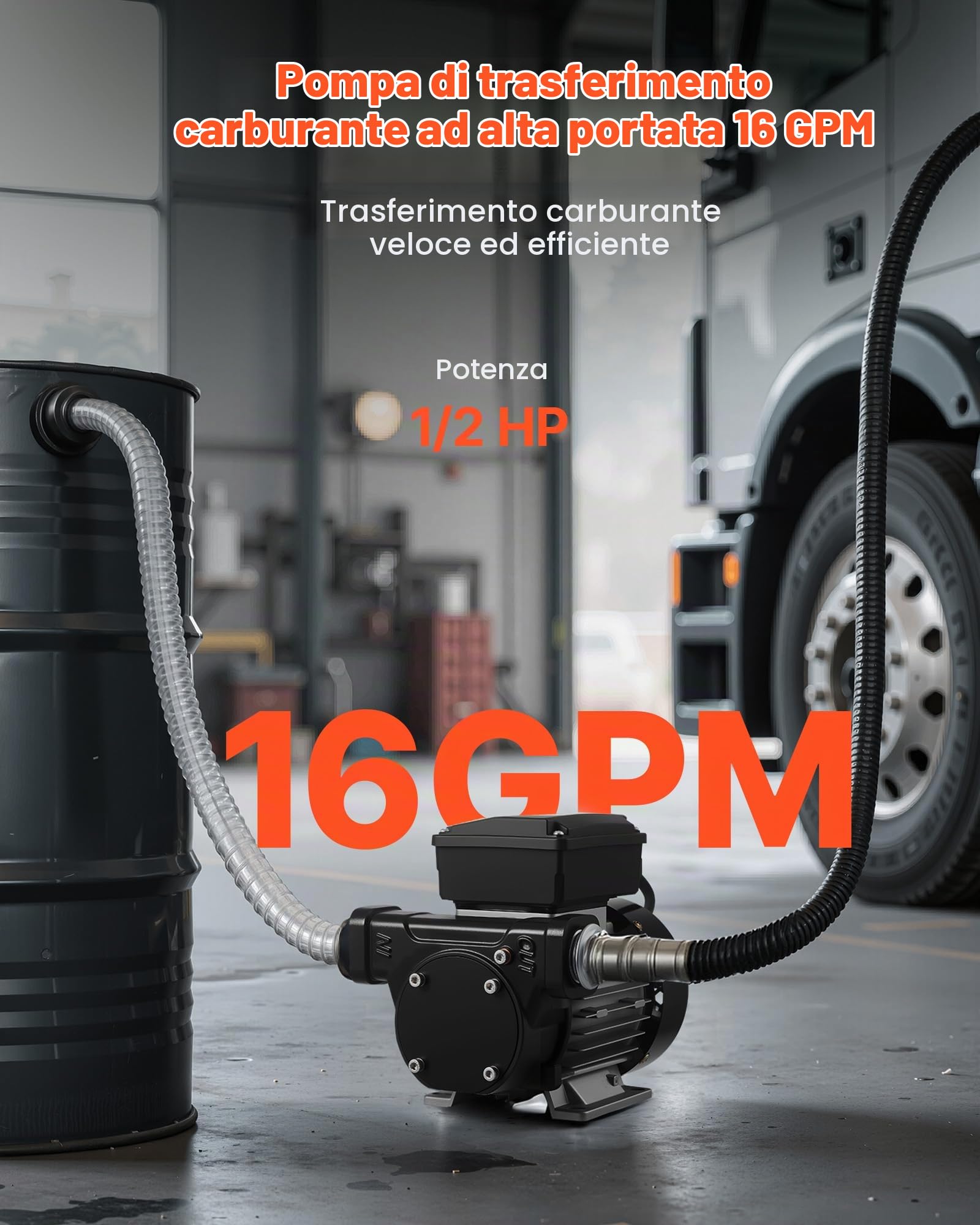 VEVOR Pompa Elettrica di Trasferimento Carburante, 60 L/min, Altezza di Sollevamento Max. 13,7 m, con Ugello Carburante Automatico e 2 Tubi Flessibili, per Veicoli, Cantieri Edili