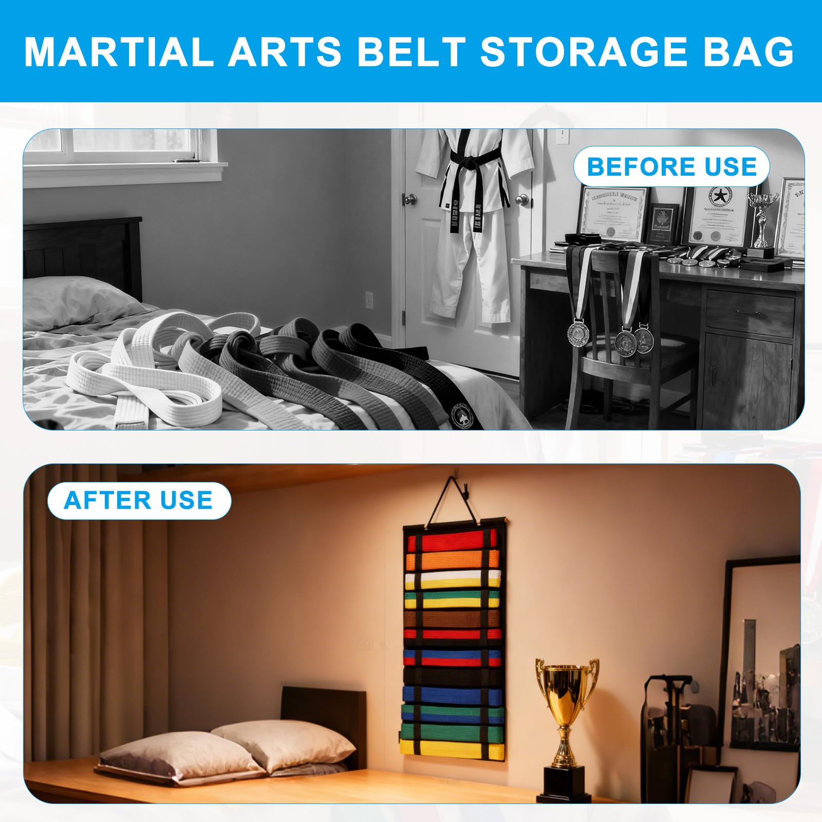 Rangement Ceinture Taekwondo, Porte Outils Ceinture D'arts Martiaux,Ceinture Porte Outil de Boxe, Accessoires de Judo pour Médailles, Ceintures de Judo,Peut Contenir Jusqu'à 12 Ceintures