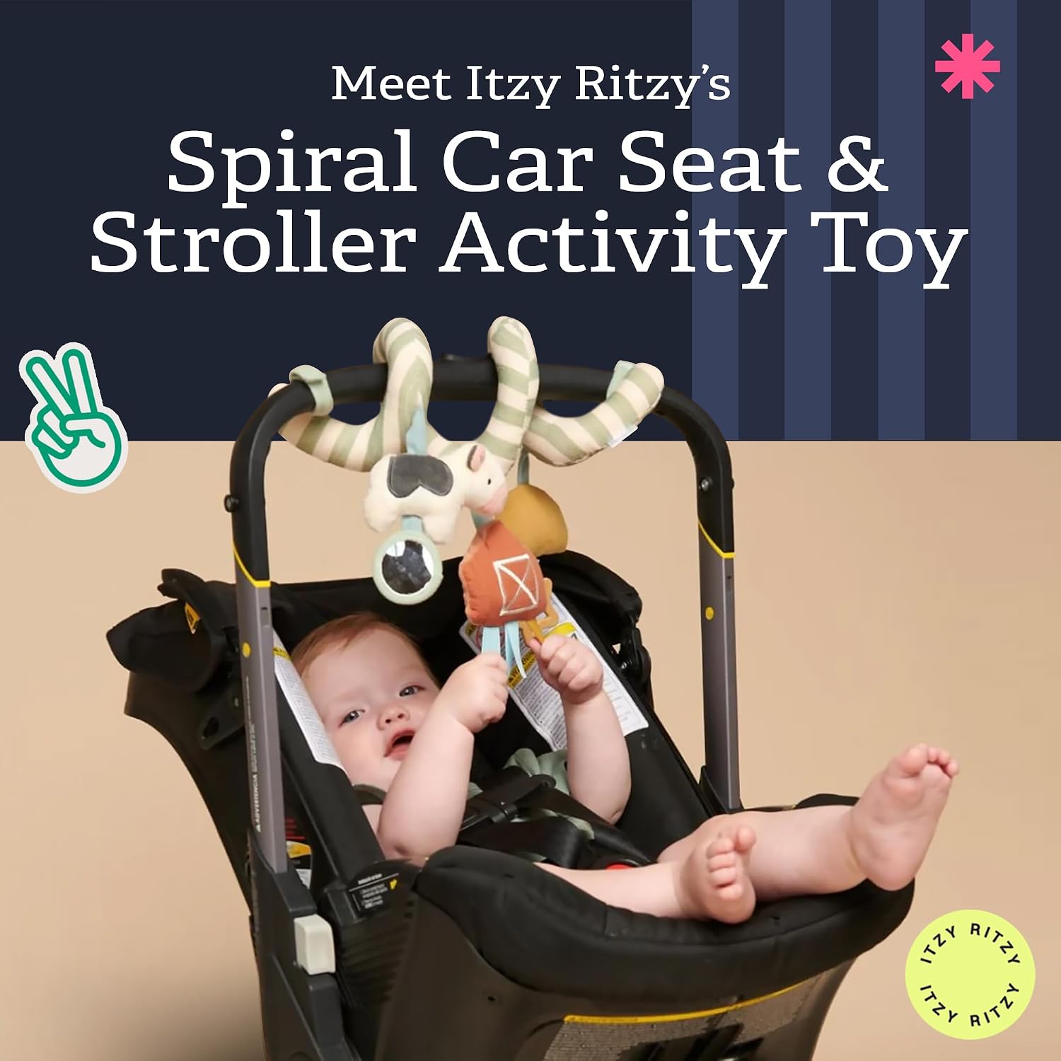 Itzy Ritzy Spiral Car Seat & Stroller Activity Toy - Stroller & Car Seat Toys for Ages 0 Months and Up - Hanging Toys Include Dangling Ring, Mirror and Textured Ribbons (Farm) (Pack of 3)