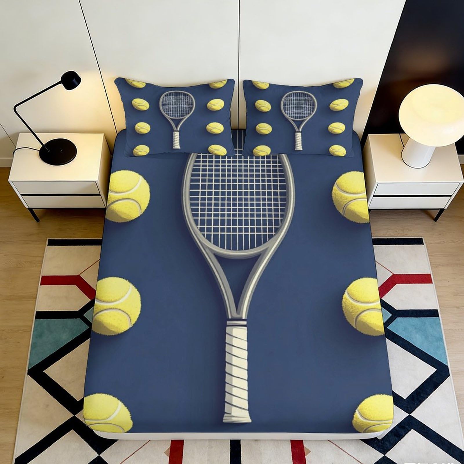 3D Printed Tennis Racket Fitted Sheet Microfiber Soft Breathable Tennis Ball Bed Cover for Bedroom Guest Room Dorm Decor 90x200x25cm
